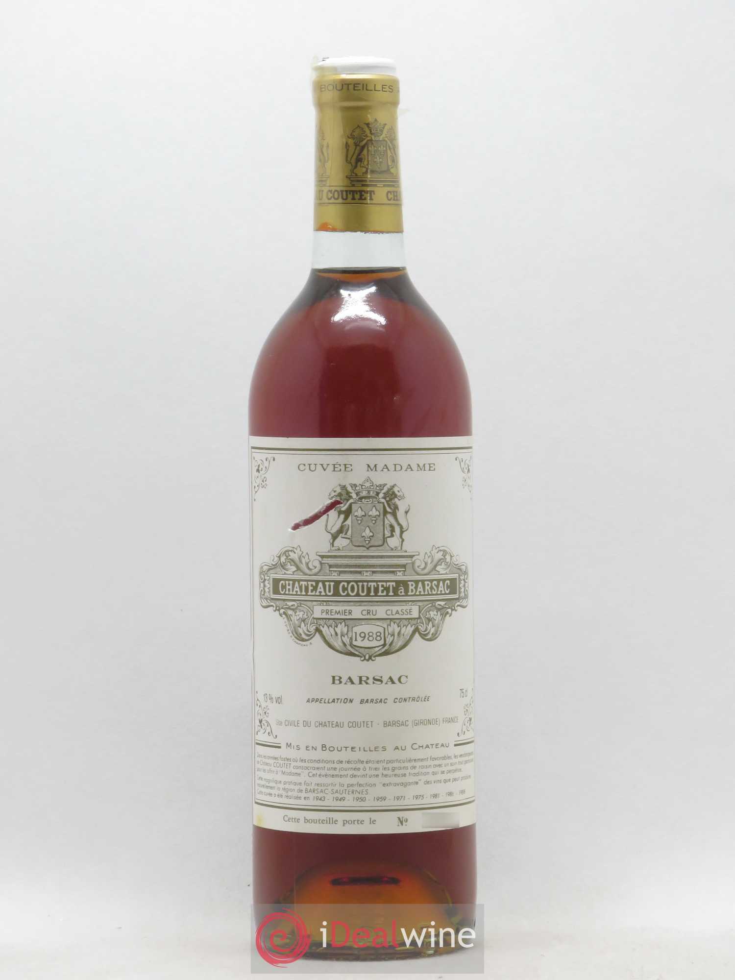 Château Coutet - Cuvée Madame 1er Grand Cru Classé 1988 - Lotto di 1 bottiglia - 0