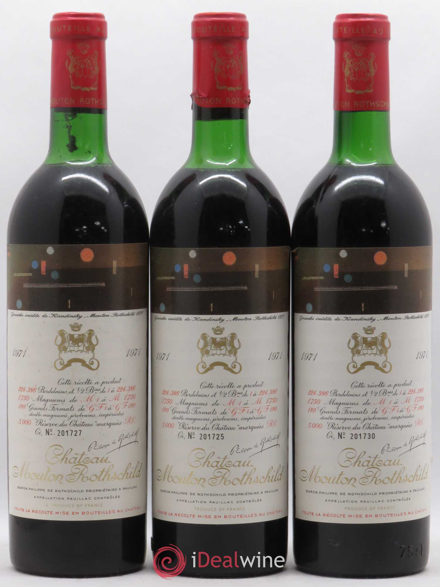 Château Mouton Rothschild 1er Grand Cru Classé 1971 - Lot de 3 bouteilles - 0