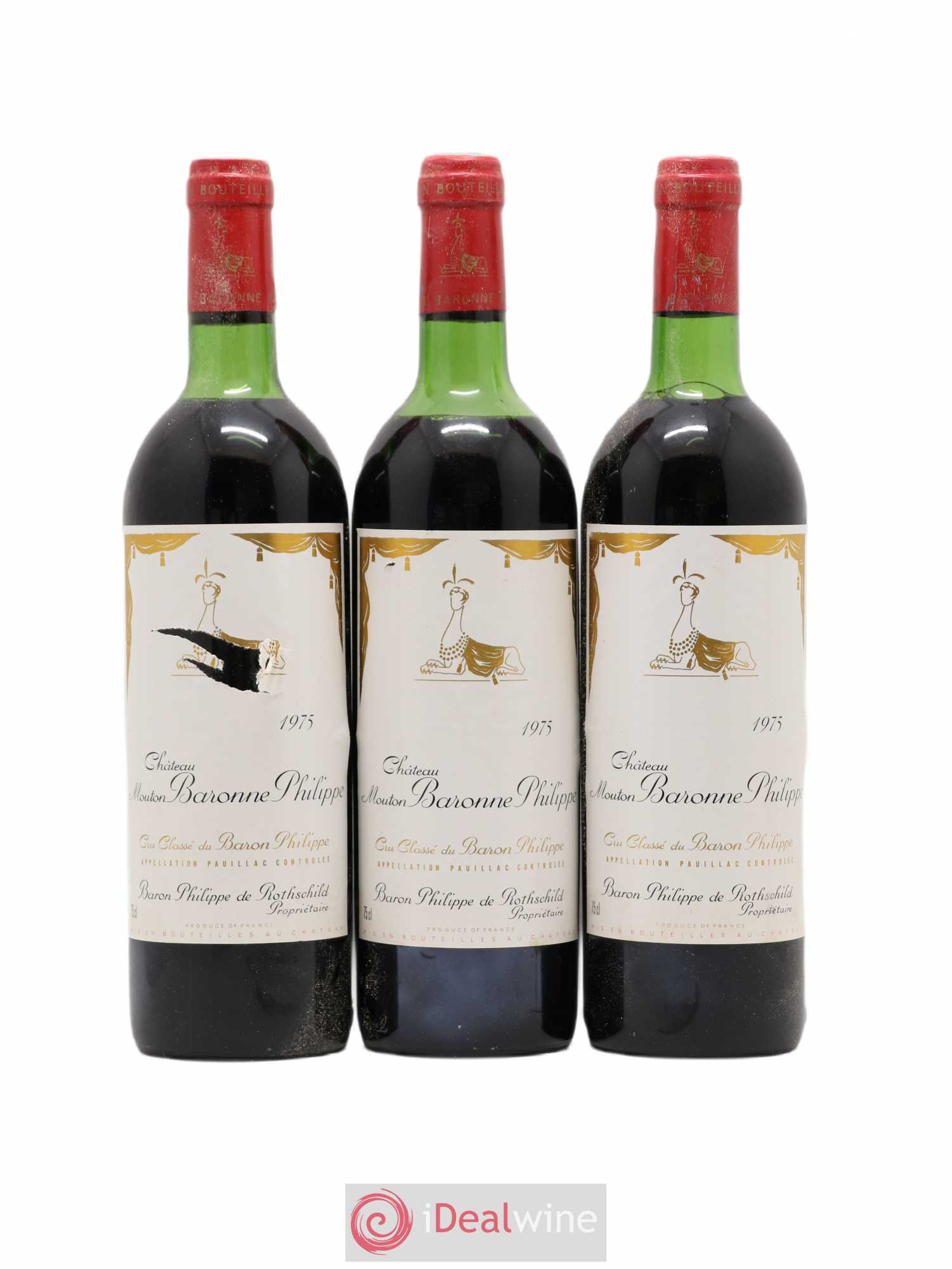 Château d' Armailhac - Mouton Baron(ne) Philippe 5ème Grand Cru Classé 1975 - Lot de 3 bouteilles - 0