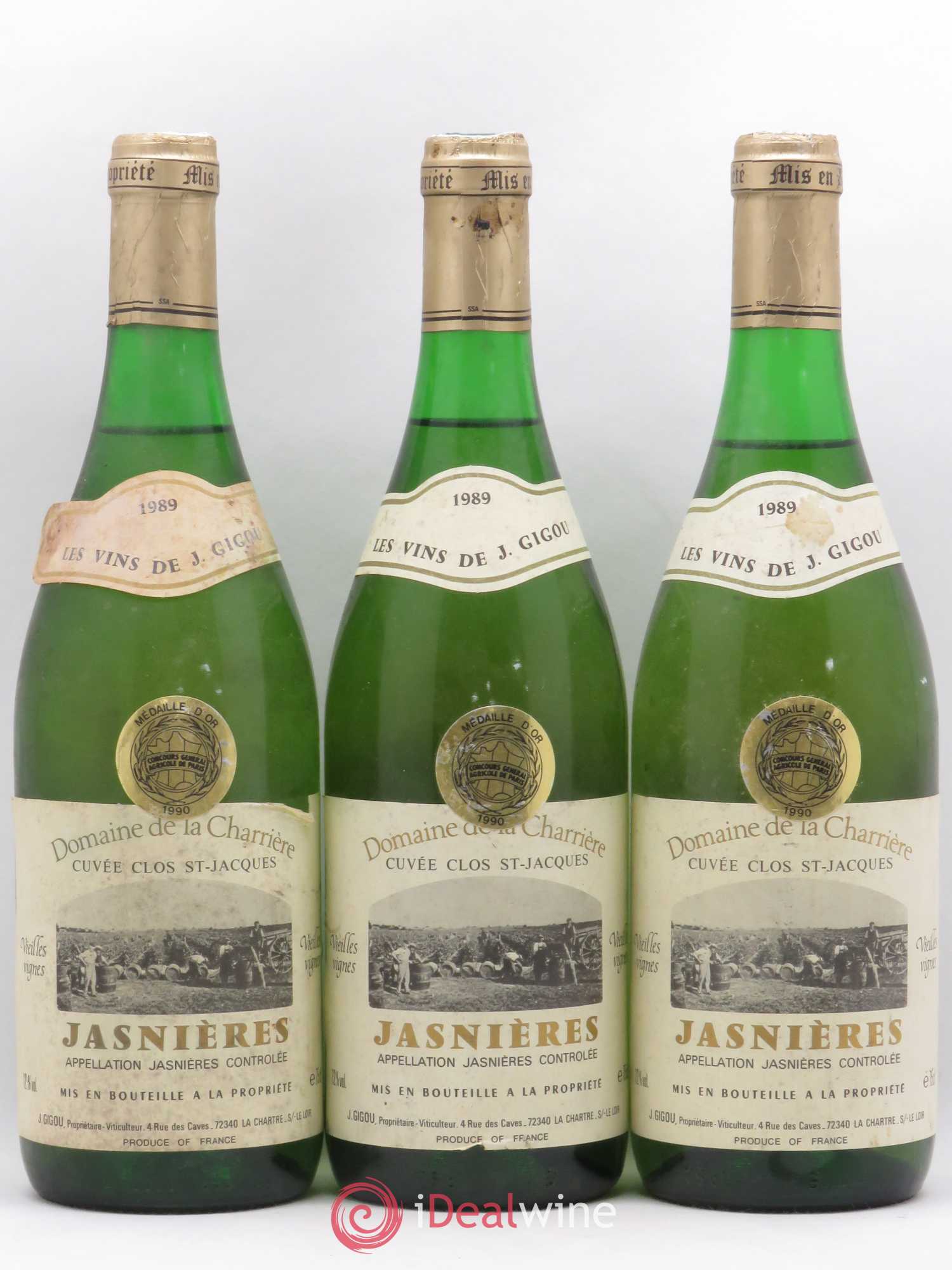 Jasnières Cuvée Clos St Jacques Vieilles Vignes Domaine de la Charriere Gigou 1989 - Posten von 6 Flaschen - 1