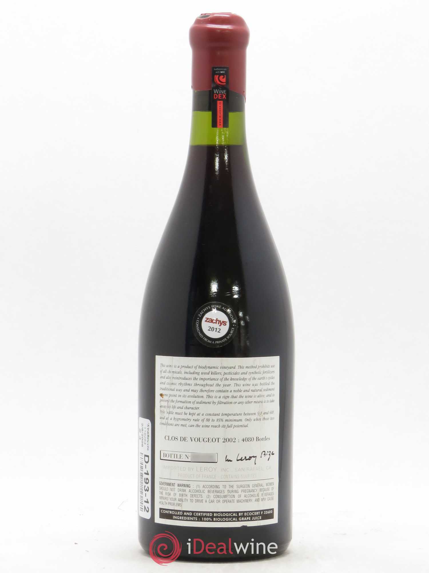 Clos de Vougeot Grand Cru Leroy (Domaine) 2002 - Lot de 1 bouteille - 1