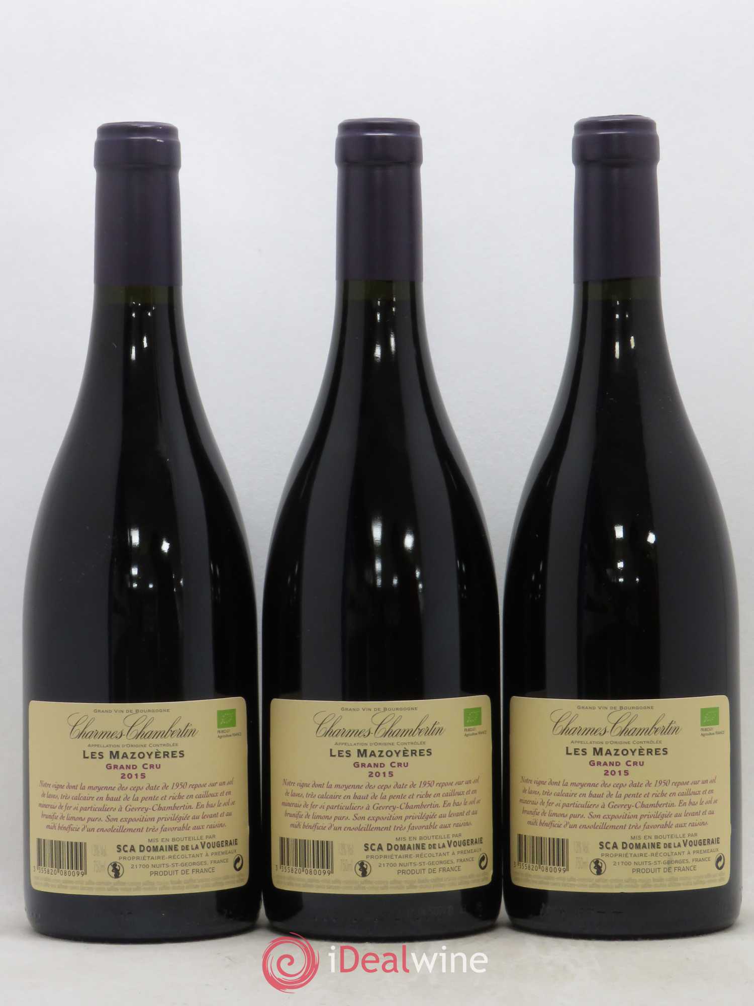 Charmes-Chambertin Grand Cru Les Mazoyères La Vougeraie 2015 - Lot de 3 bouteilles - 1