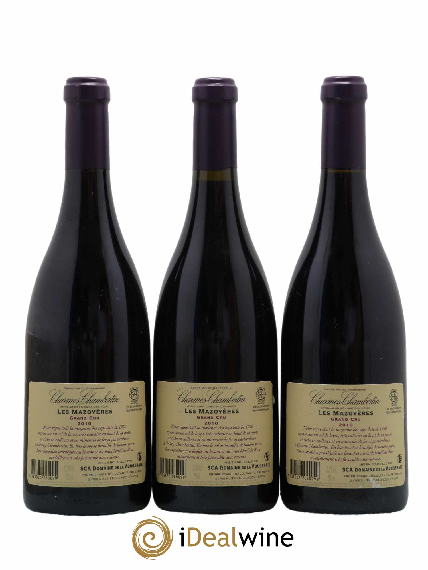 Charmes-Chambertin Grand Cru Les Mazoyères La Vougeraie 2010 - Lot de 3 bouteilles - 1