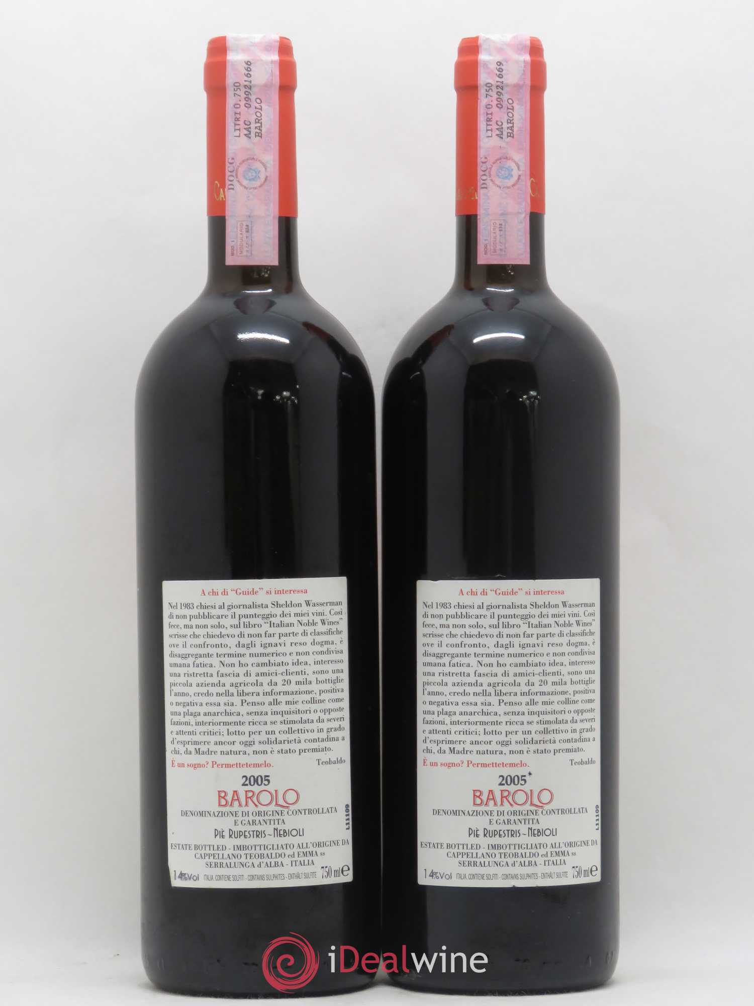 Barolo DOCG Pie Rupestris Cappellano 2005 - Lot of 2 bottles - 1
