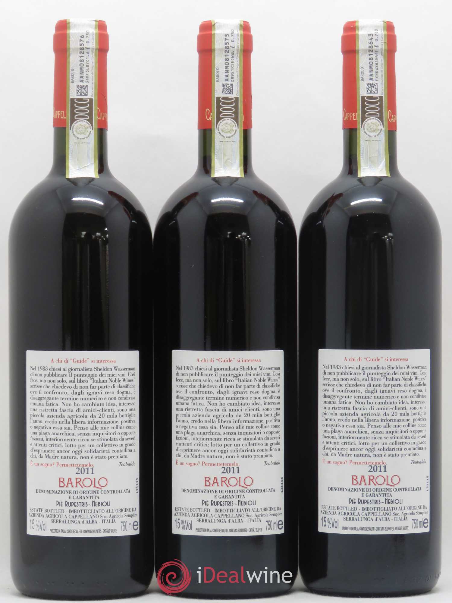 Barolo DOCG Pie Rupestris Cappellano 2011 - Lot of 3 bottles - 1