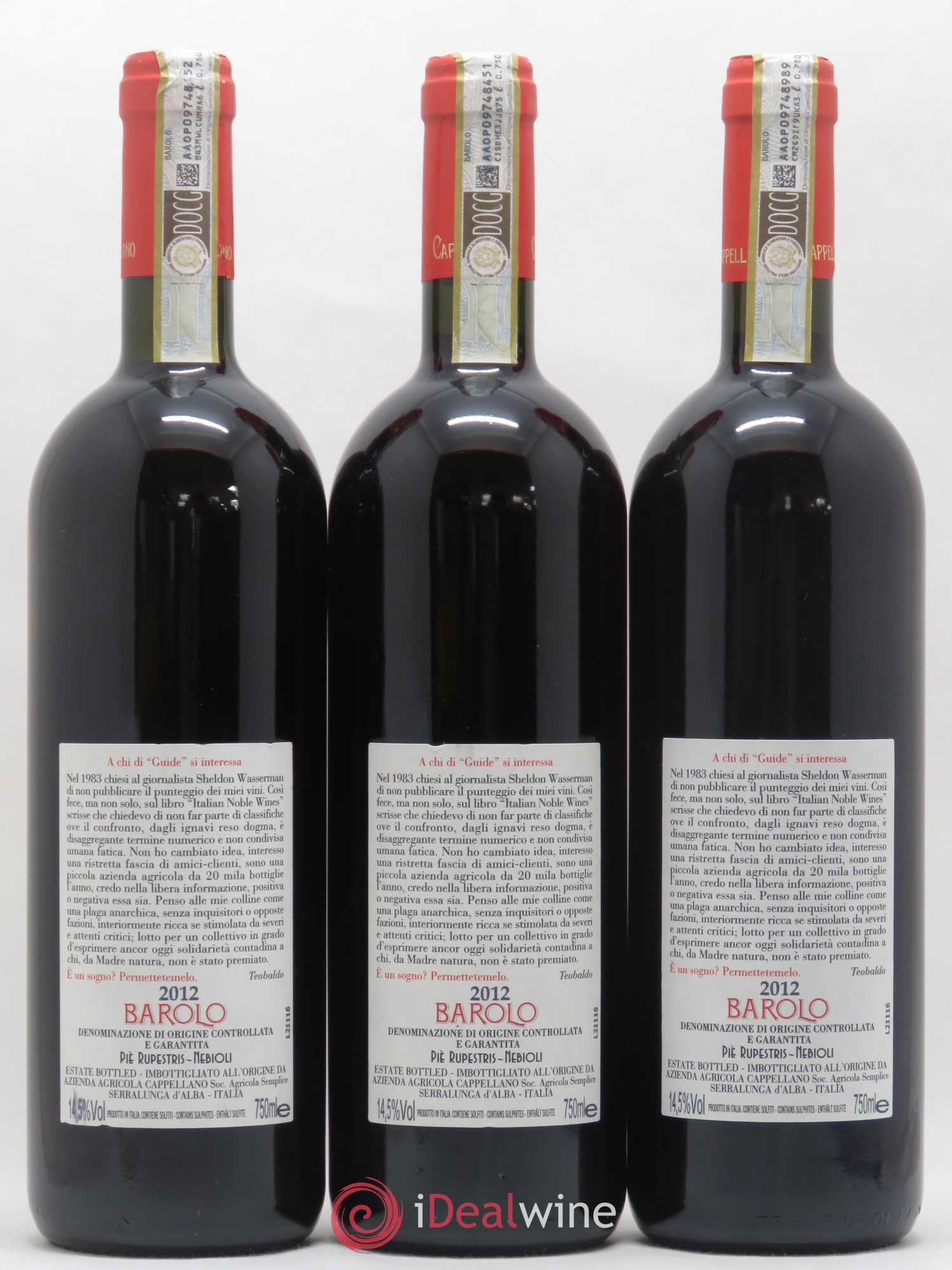Barolo DOCG Pie Rupestris Cappellano 2012 - Lot of 3 bottles - 1
