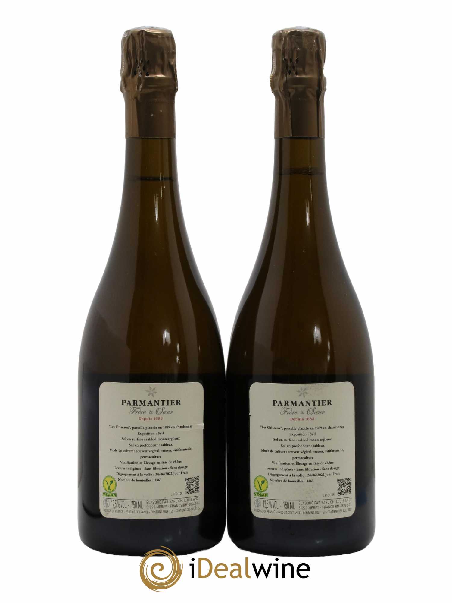 Champagne Brut Nature Les Oriseaux Blanc de Blancs Parmantier Frère et Soeur 2017 - Lot of 2 bottles - 1