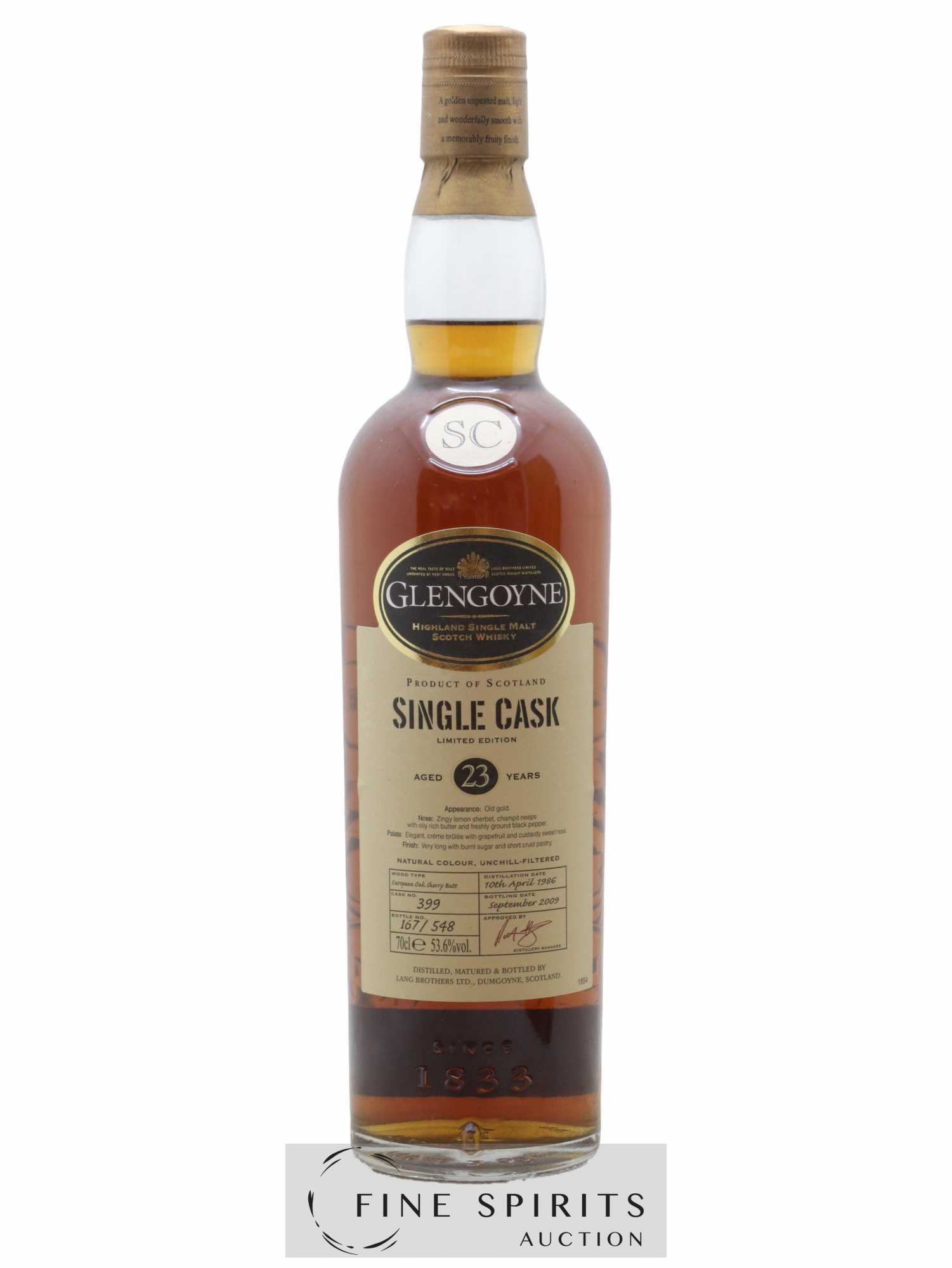 Glengoyne 23 years 1986 Of. Single Cask n°399 - One of 548 - bottled 2009 Limited Edition - Lot de 1 bouteille - 1