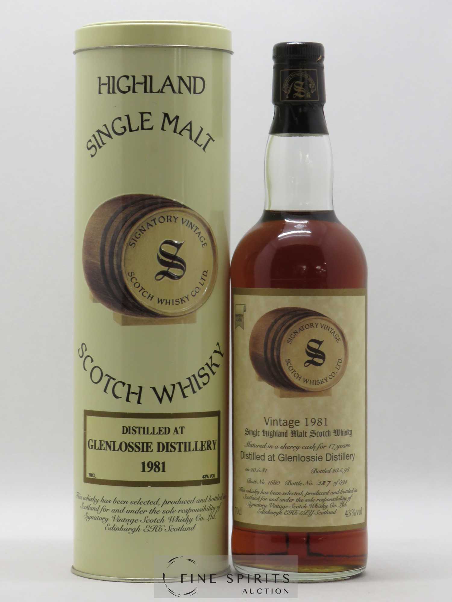 Glenlossie 17 years 1981 Signatory Vintage Single Sherry Cask n°1680 Single Highland Malt Scotch Whisky - Lot de 1 bouteille - 0