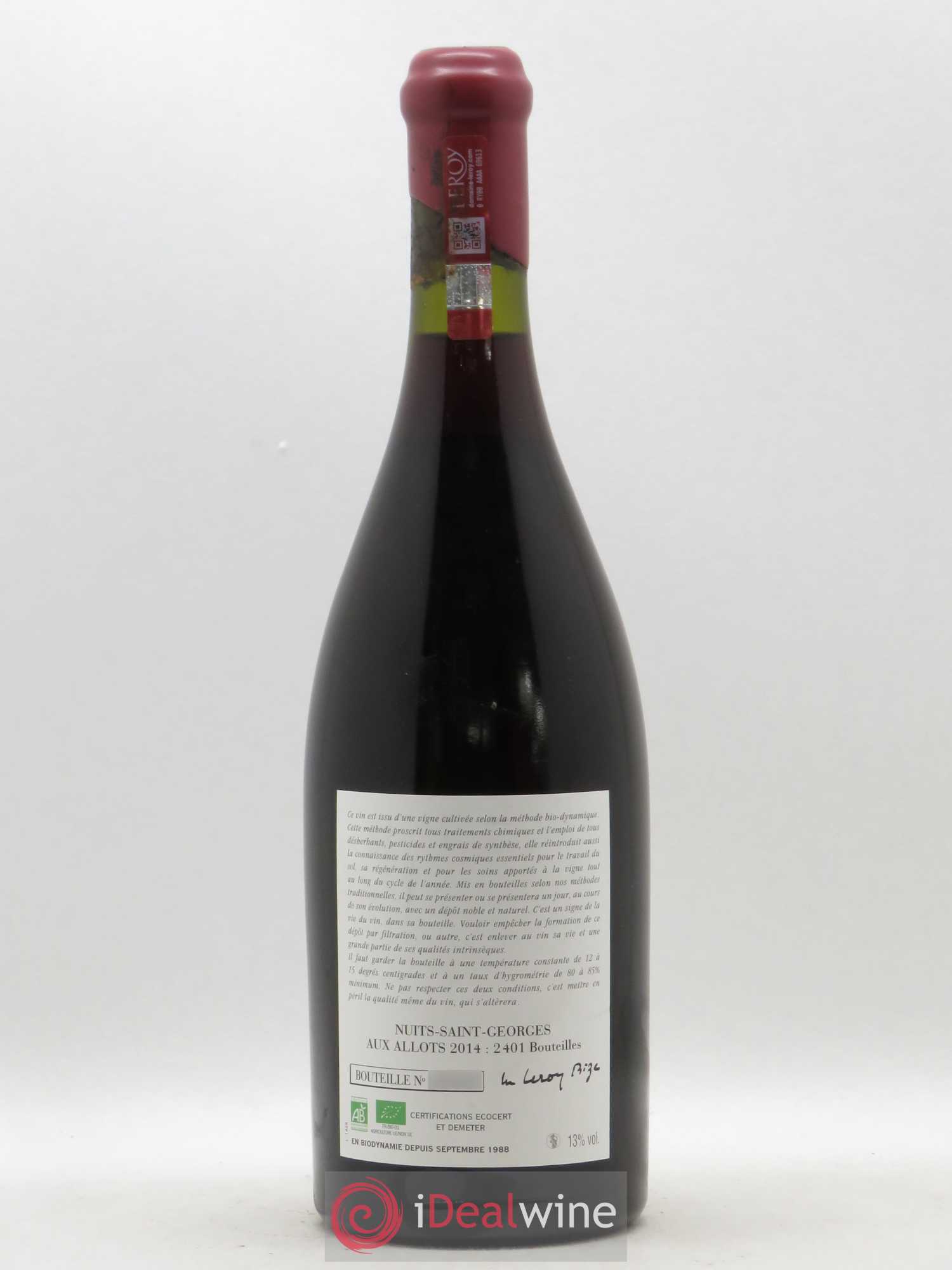 Nuits-Saint-Georges Aux Allots Leroy (Domaine) 2014 - Lot de 1 bouteille - 1