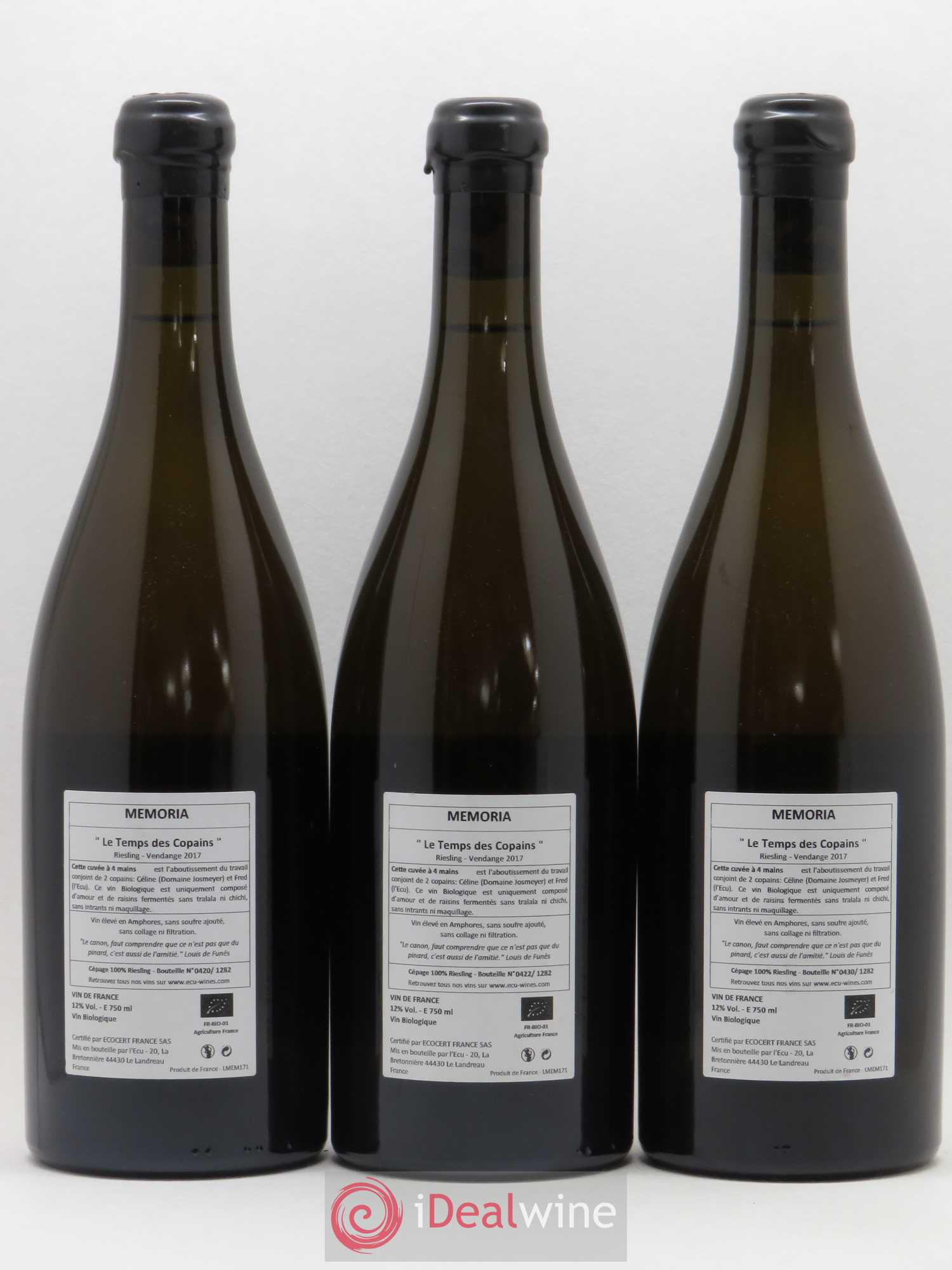 Riesling Memoria Le Temps Des Copains Domaine De L'Ecu 2017 - Posten von 3 Flaschen - 1