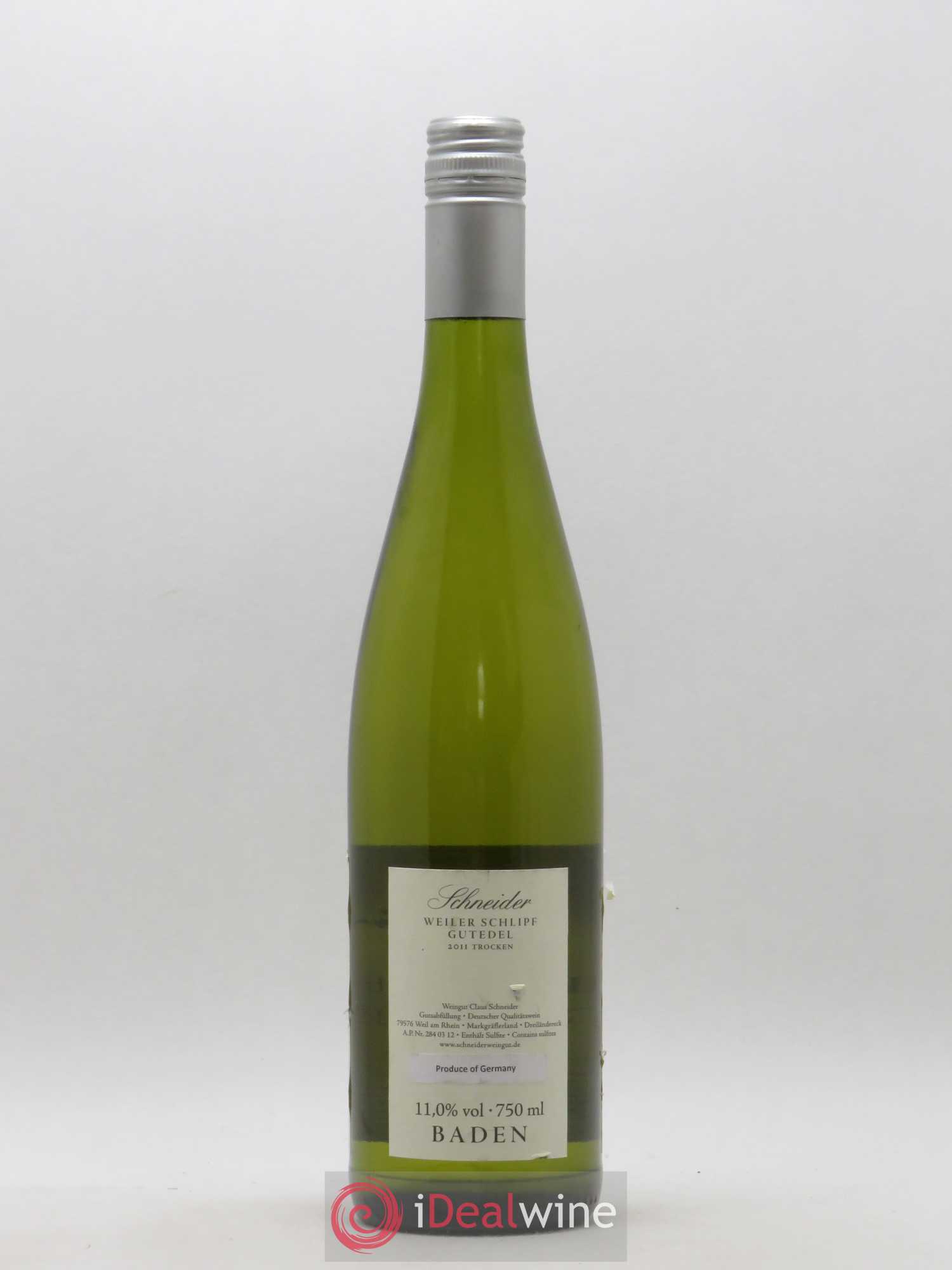Allemagne Pfalz Baden Weiler Schlipf Gutedel Trocken Schneider (sans prix de réserve) 2011 - Posten von 1 Flasche - 1