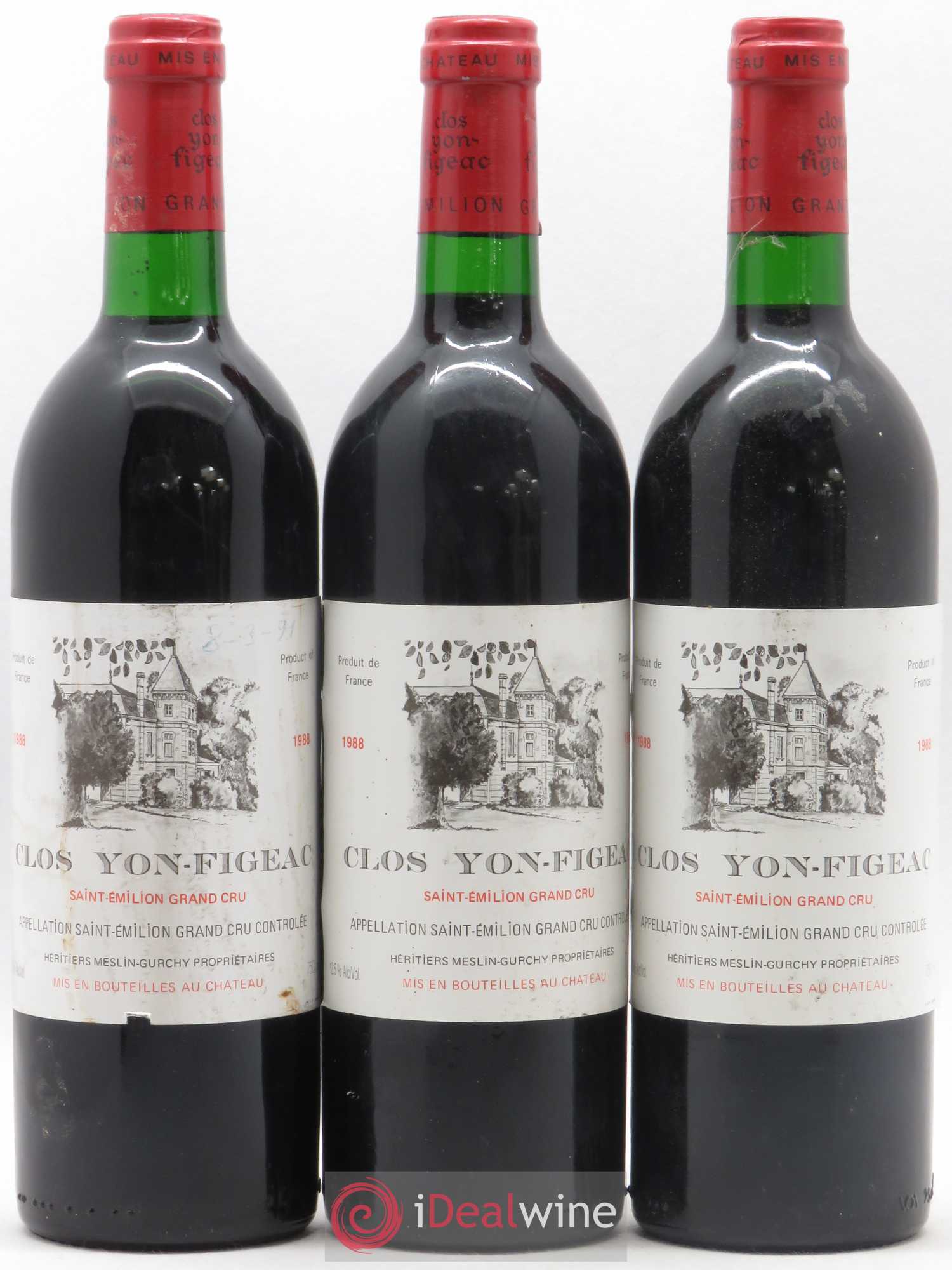 Château Yon Figeac Grand Cru Classé 1988 - Lot de 3 bouteilles - 0