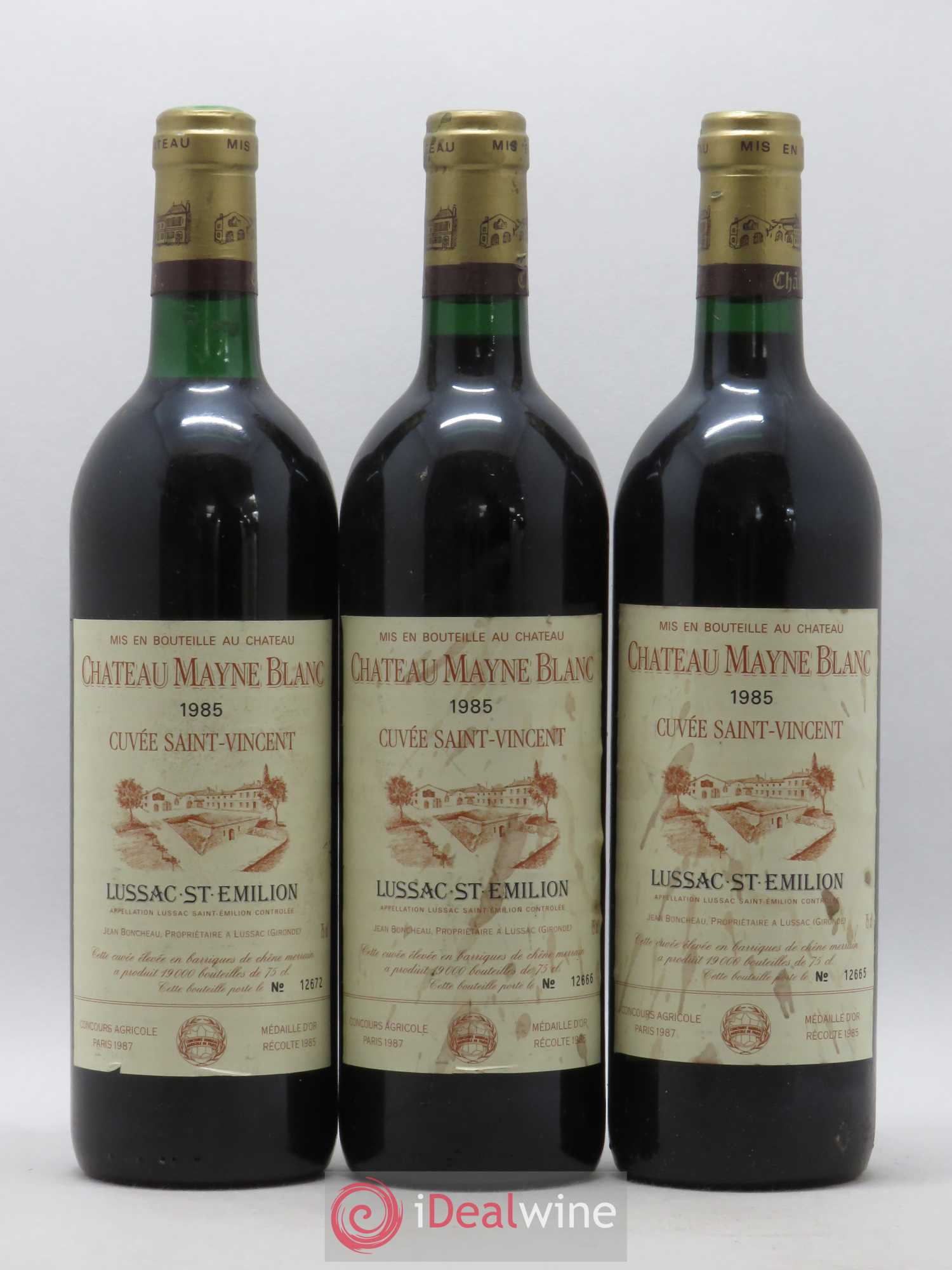 Lussac Saint-Émilion Château Mayne Blanc Cuvée Saint Vincent (sans prix de réserve) 1985 - Posten von 3 Flaschen - 0