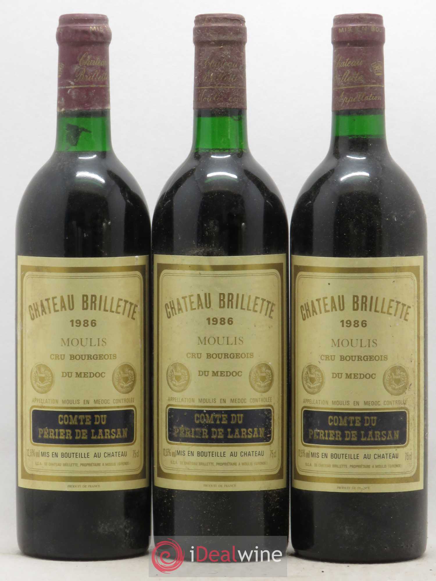 Château Brillette Cru Bourgeois 1986 - Lot de 3 bouteilles - 0