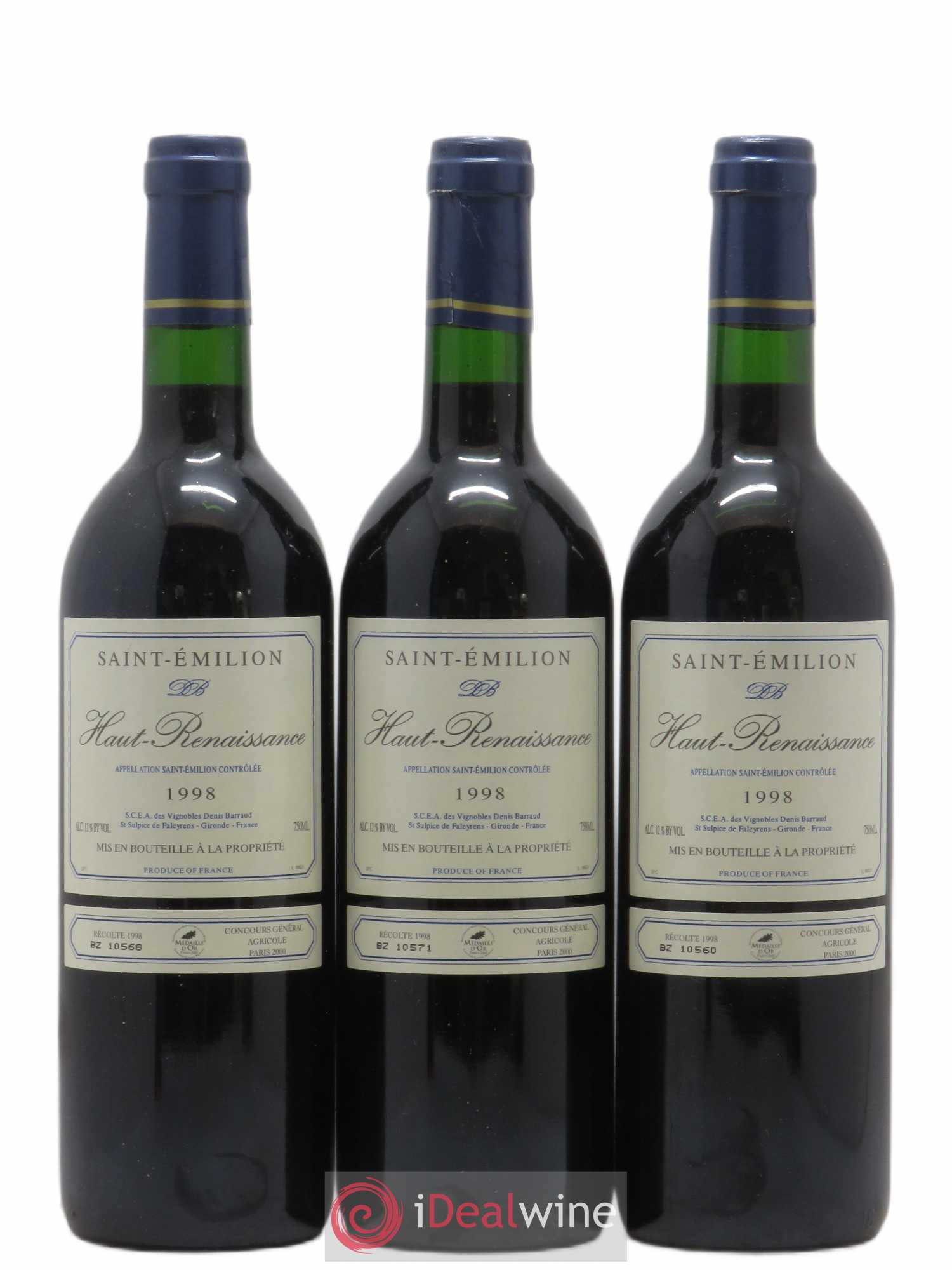Saint-Émilion Haut Renaissance (sans prix de réserve) 1998 - Lot de 3 bouteilles - 0