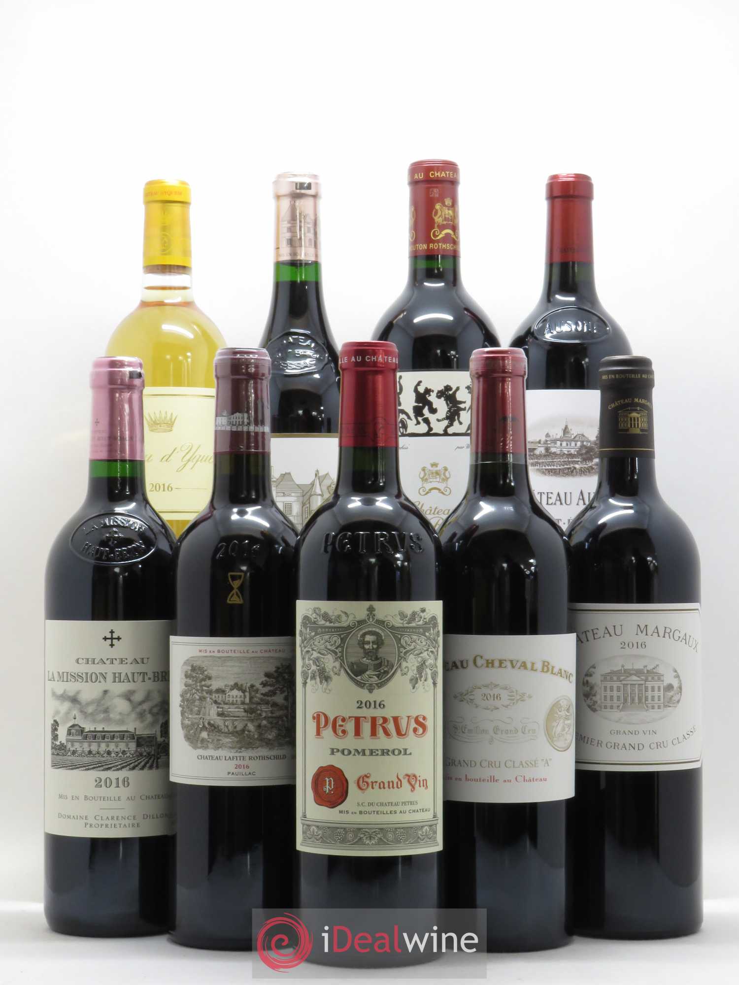 Caisse Collection Duclot 1 Ausone 1 Cheval Blanc 1 Haut-Brion Rouge 1 Lafite 1 Margaux 1 Mission Haut-Brion 1 Mouton Rothchild 1 Petrus 1 Yquem 2016 - Posten von 1 Flasche - 0