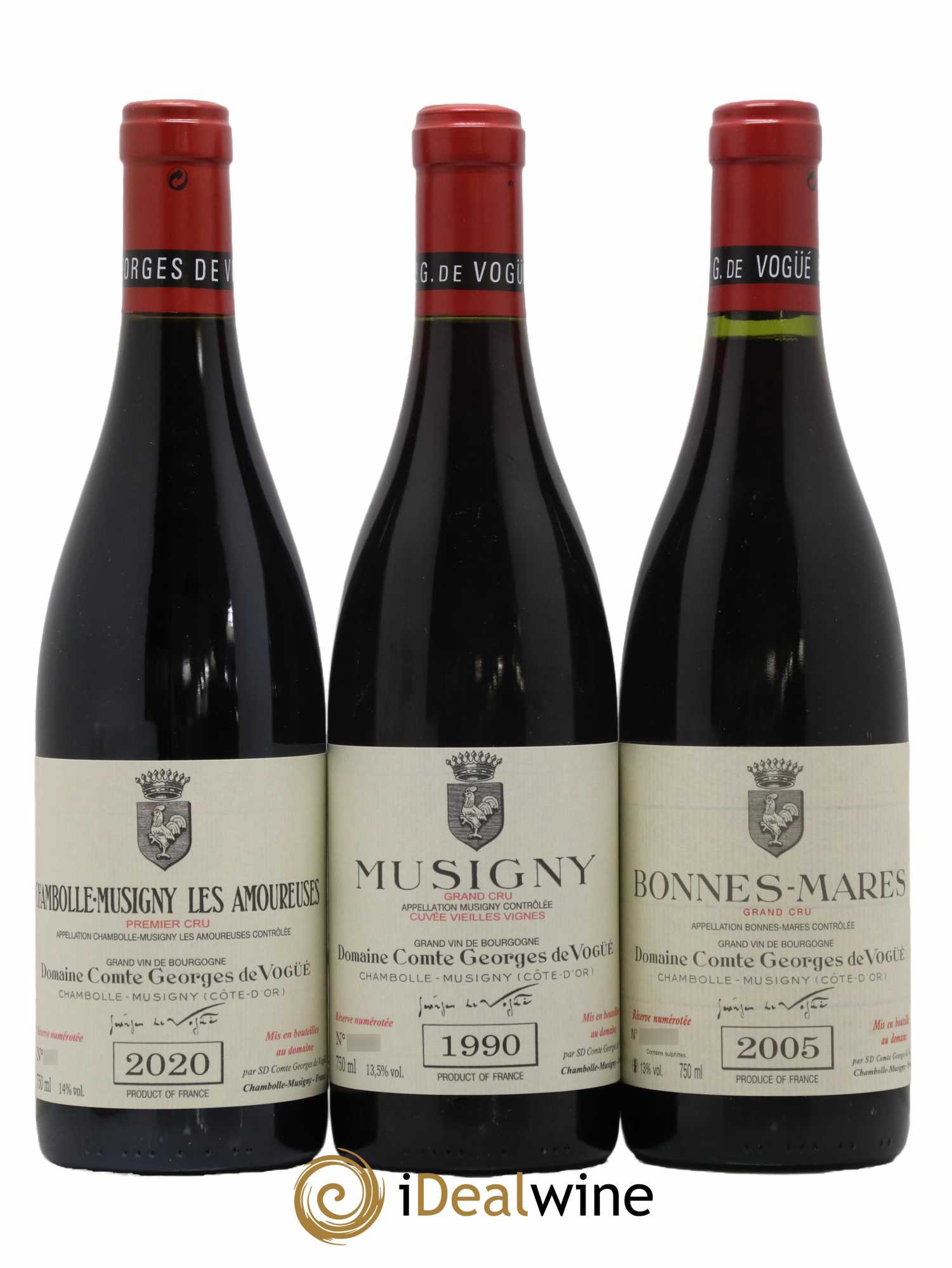 Caisse Domaine Comte Georges de Vogüé Comte Georges de Vogüé 1 Musigny Vieilles Vignes 1990 - 1 Bonnes Mares 2005 - 1 Amoureuses 2020 - Lot de 3 bouteilles - 0