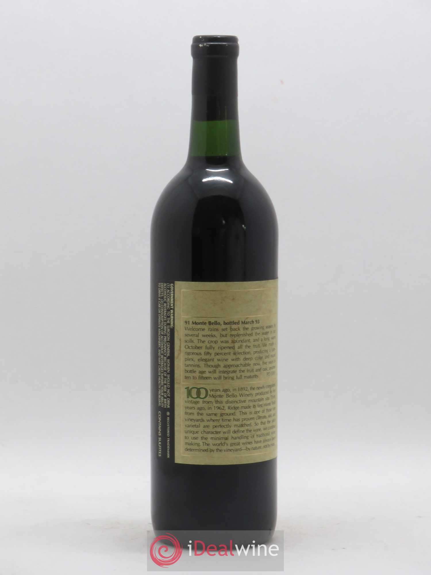 Santa Cruz Mountains Monte Bello Ridge Vineyards 1991 - Lot de 1 bouteille - 1