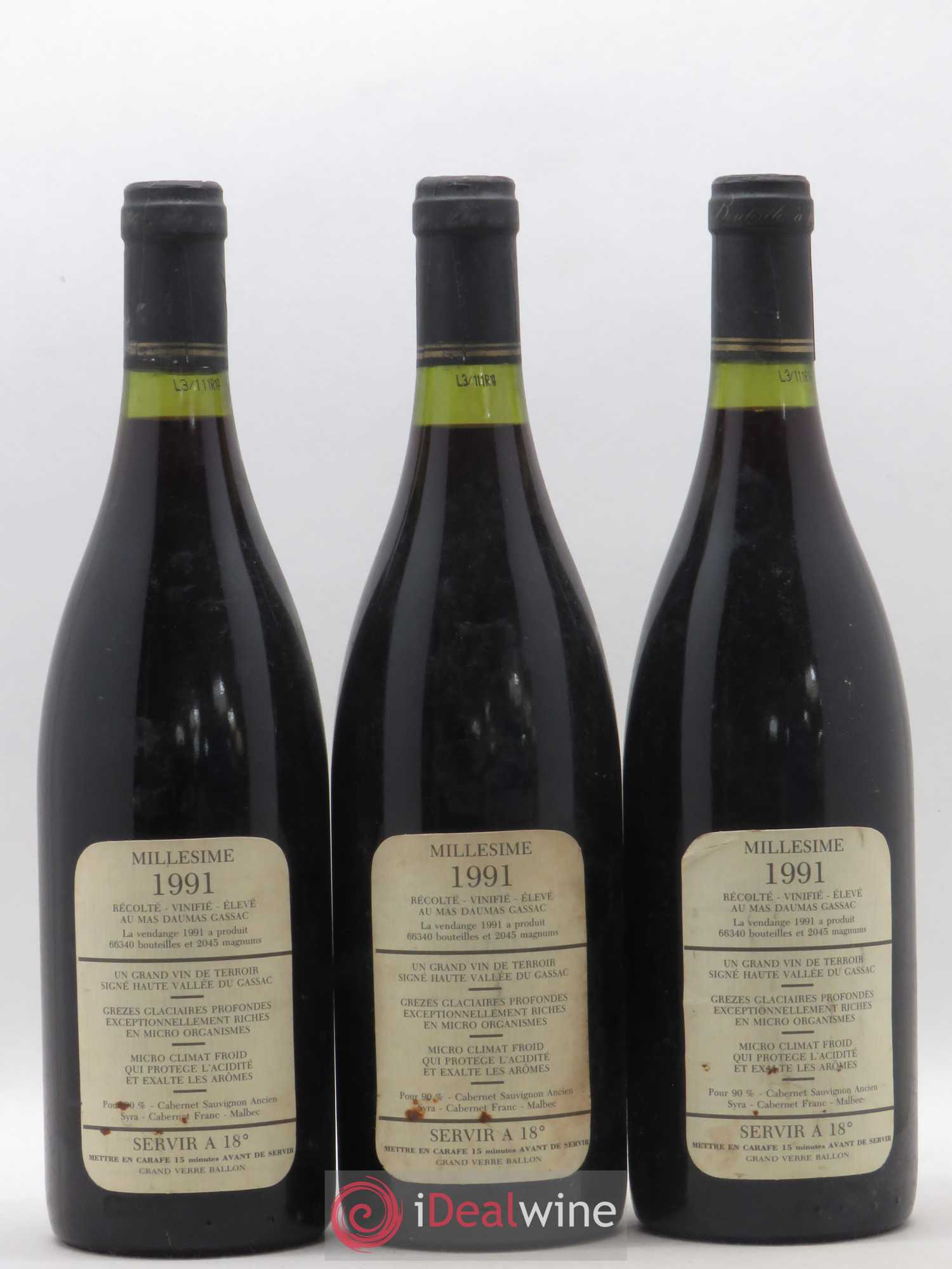 Saint-Guilhem-le-Désert - Cité d'Aniane Mas Daumas Gassac Famille Guibert de La Vaissière 1991 - Lot de 3 bouteilles - 1