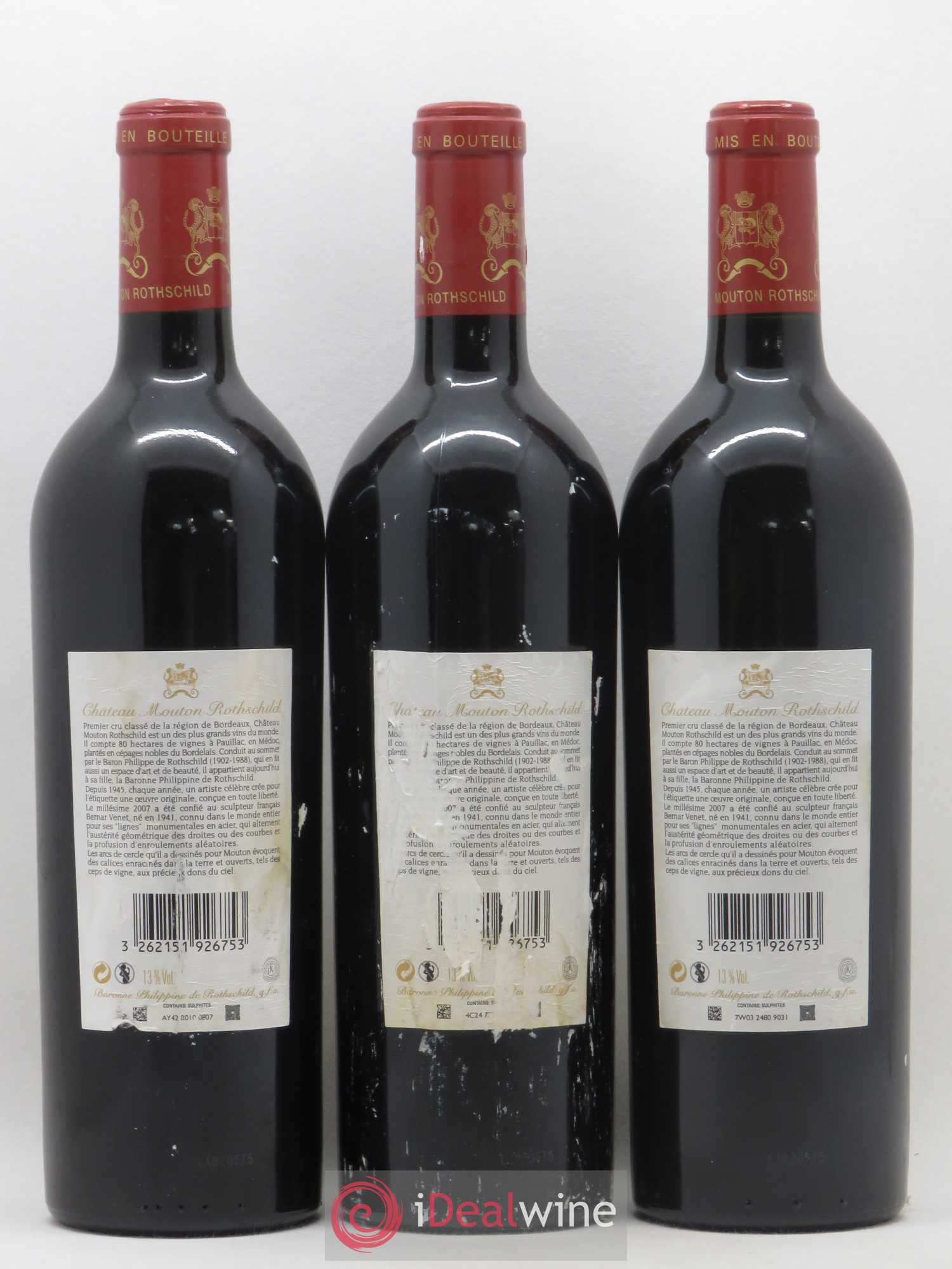 Château Mouton Rothschild 1er Grand Cru Classé 2007 - Lot de 3 bouteilles - 1