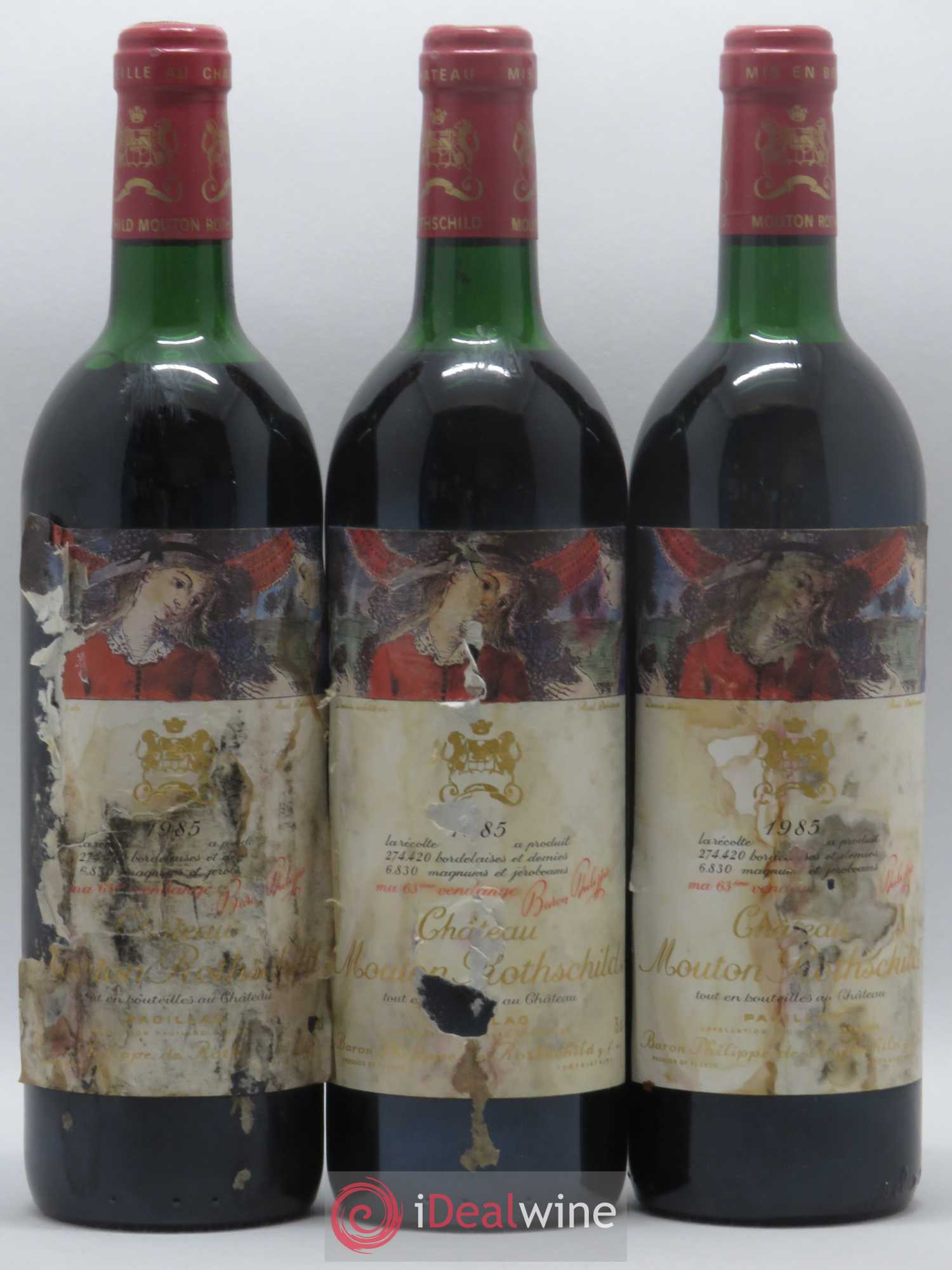 Château Mouton Rothschild 1er Grand Cru Classé 1985 - Lot de 3 bouteilles - 0