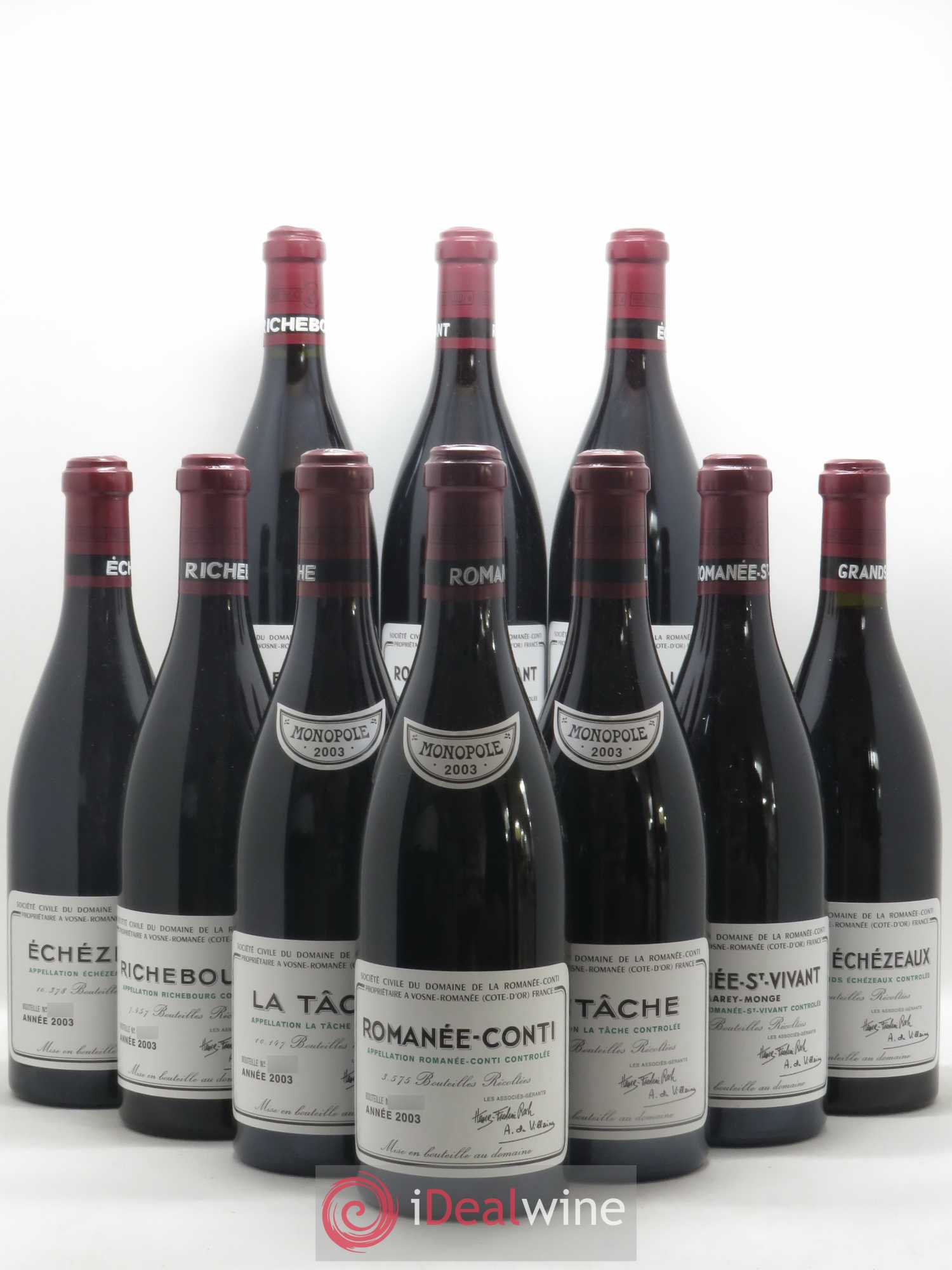 Caisse Domaine de la Romanée Conti Domaine de la Romanée-Conti 2 Tâche, 2 Richebourg, 2 Romanée Saint Vivant, 1 Grand Echezeaux,2 Echezeaux, 1 Romanée-Conti 2003 - Posten von 10 Flaschen - 0