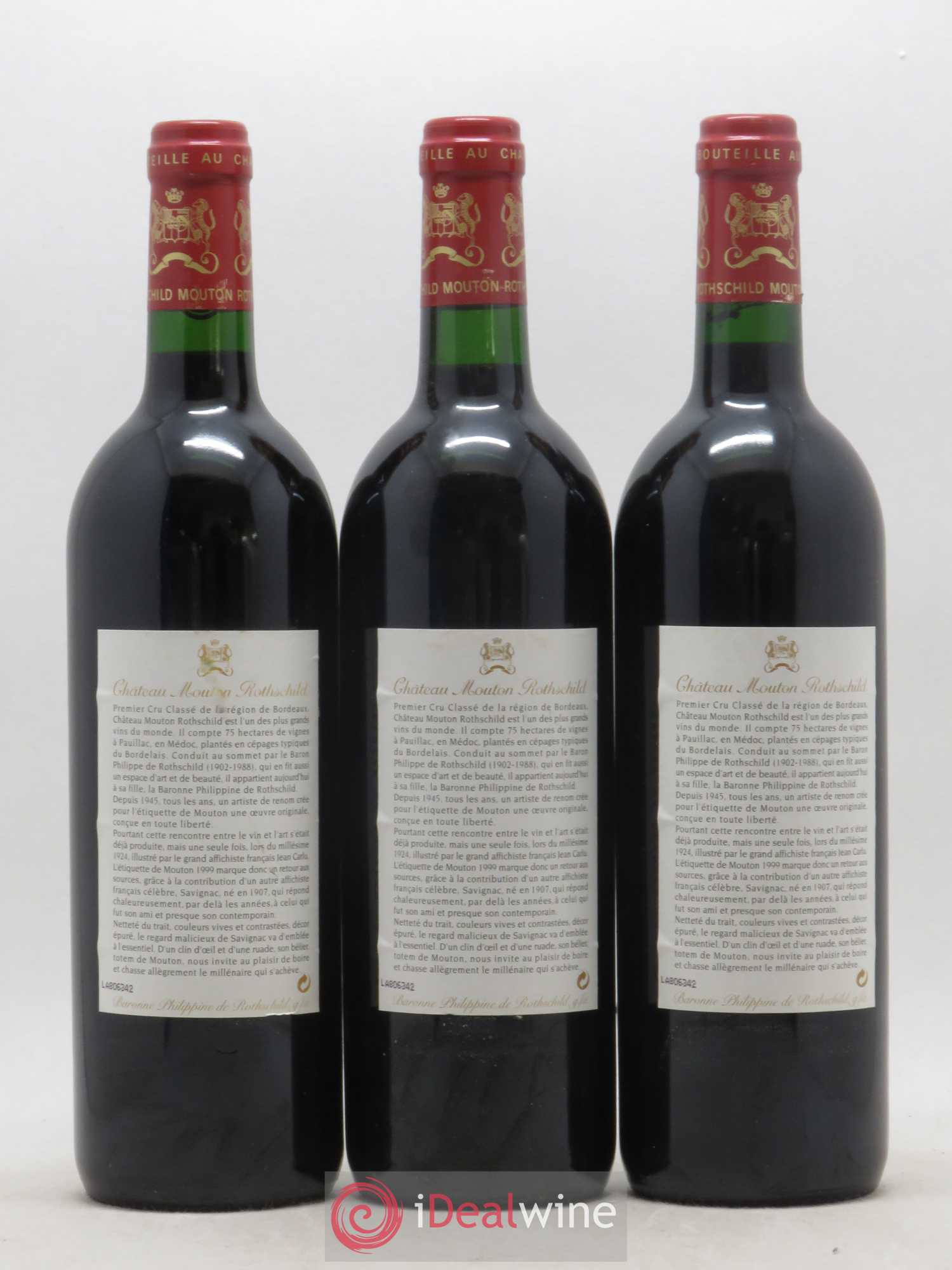Château Mouton Rothschild 1er Grand Cru Classé 1999 - Lot de 3 bouteilles - 1