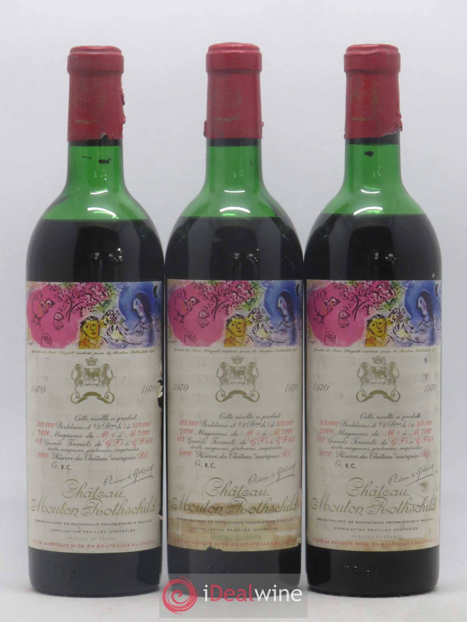 Château Mouton Rothschild 1er Grand Cru Classé 1970 - Lot de 3 bouteilles - 0