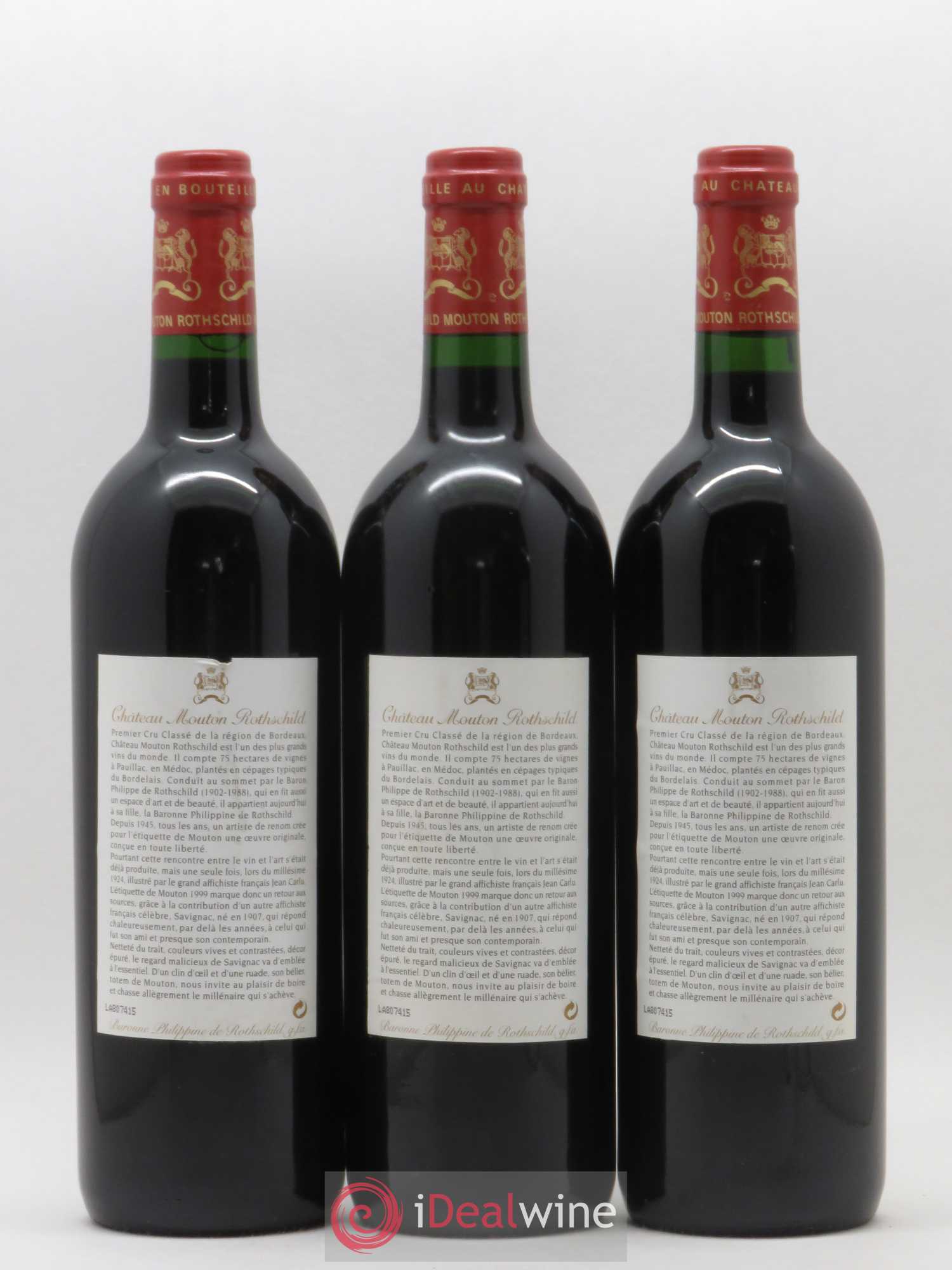 Château Mouton Rothschild 1er Grand Cru Classé 1999 - Lot de 3 bouteilles - 1