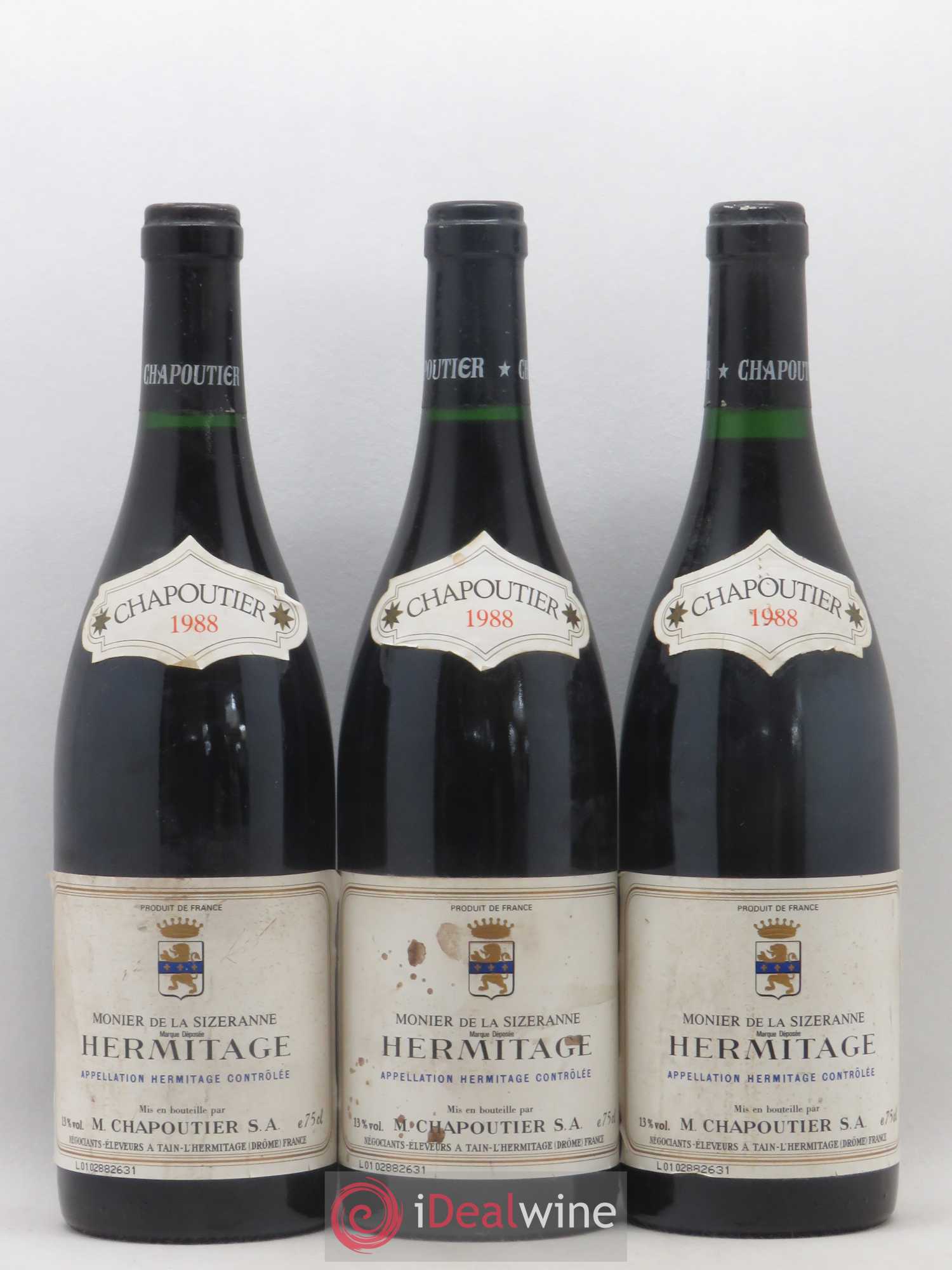 Hermitage Chapoutier Monnier de la Sizeranne 1988 - Lot de 3 bouteilles - 0