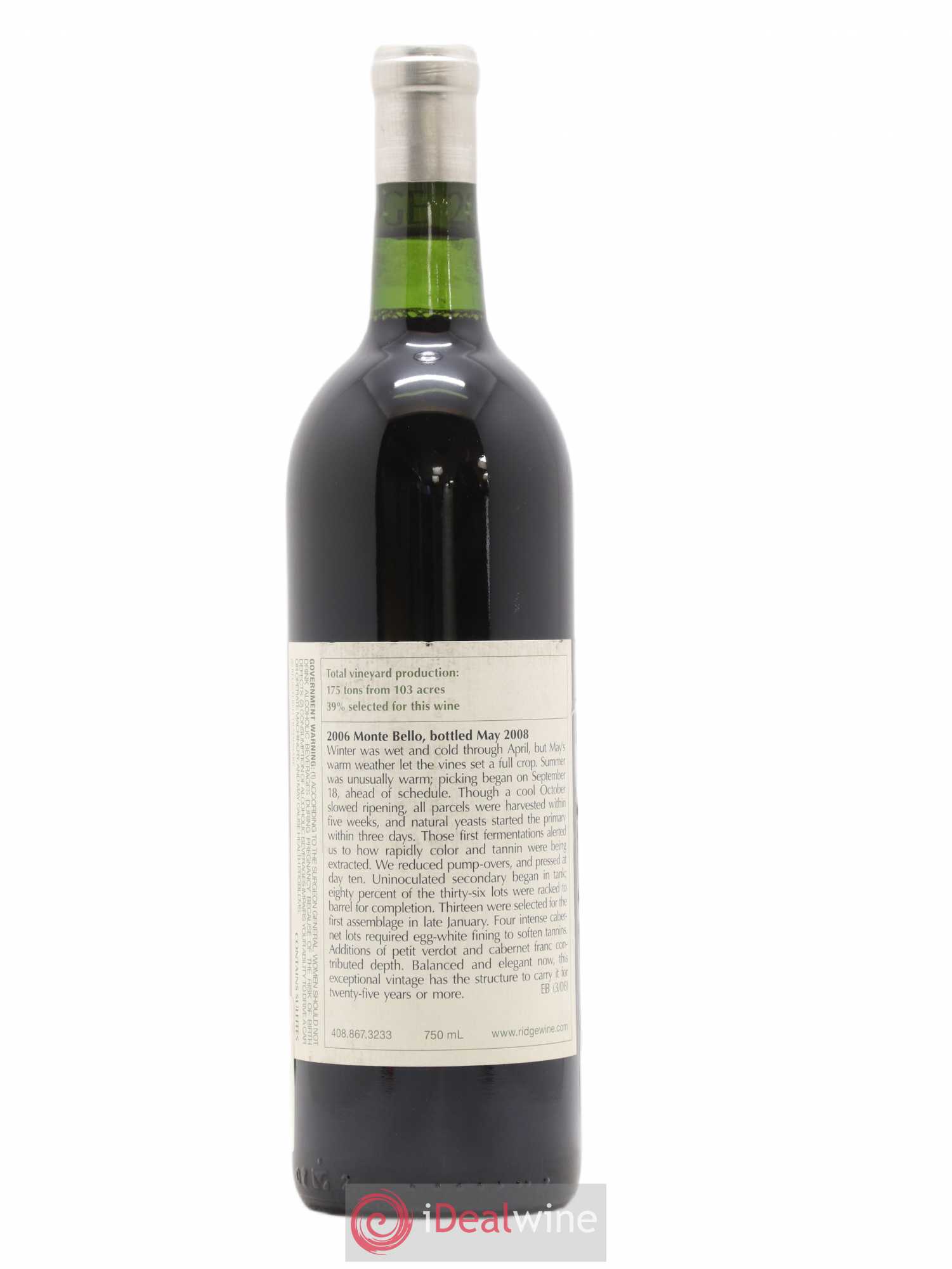 Santa Cruz Mountains Monte Bello Ridge Vineyards 2006 - Lot de 1 bouteille - 1
