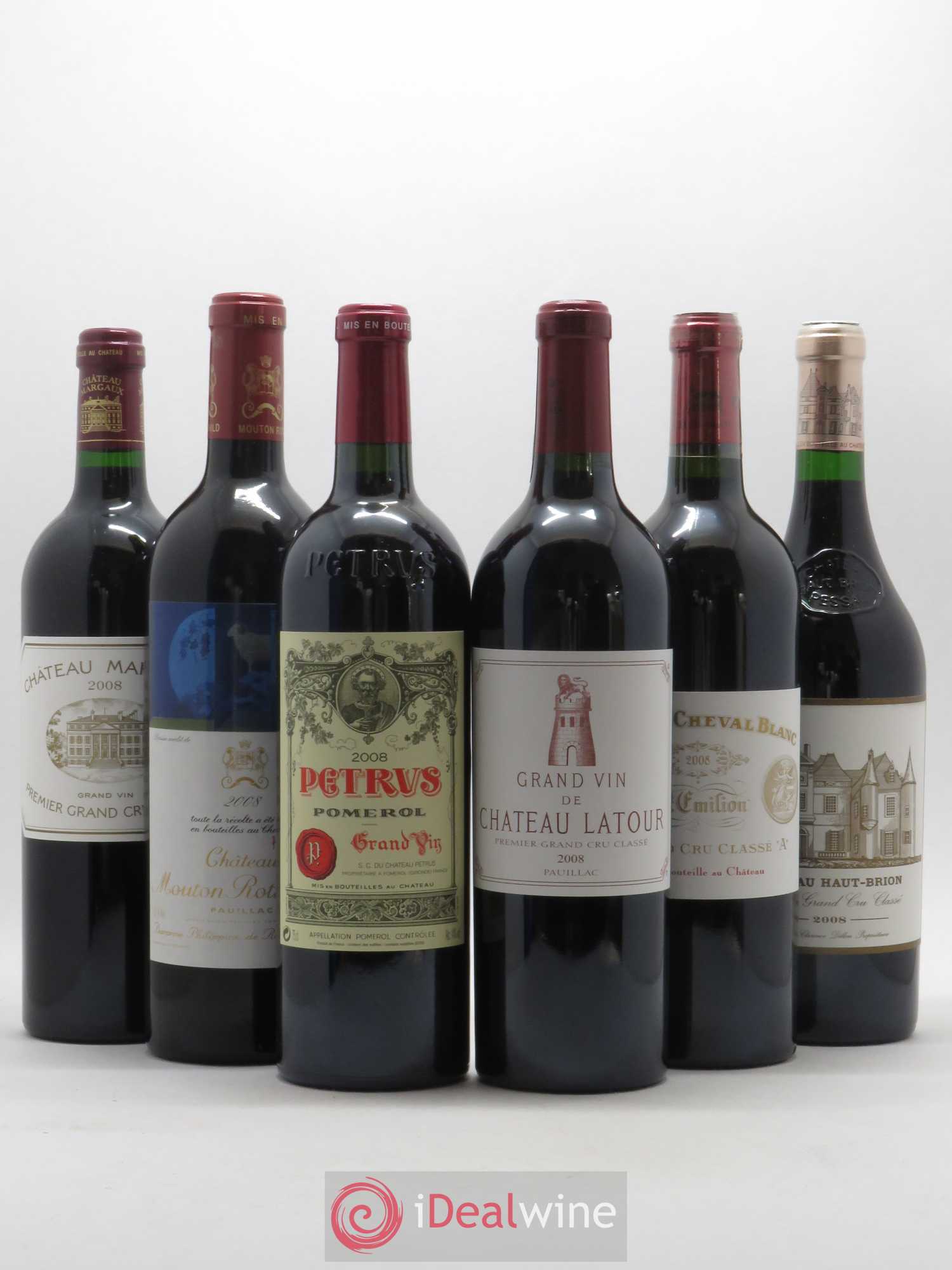 Caisse Primeurs (1 Petrus, 1 Margaux, 1 Mouton-Rothschild, 1 Haut-Brion, 1 Latour, 1 Cheval Blanc) 2008 - Posten von 1 Flasche - 0