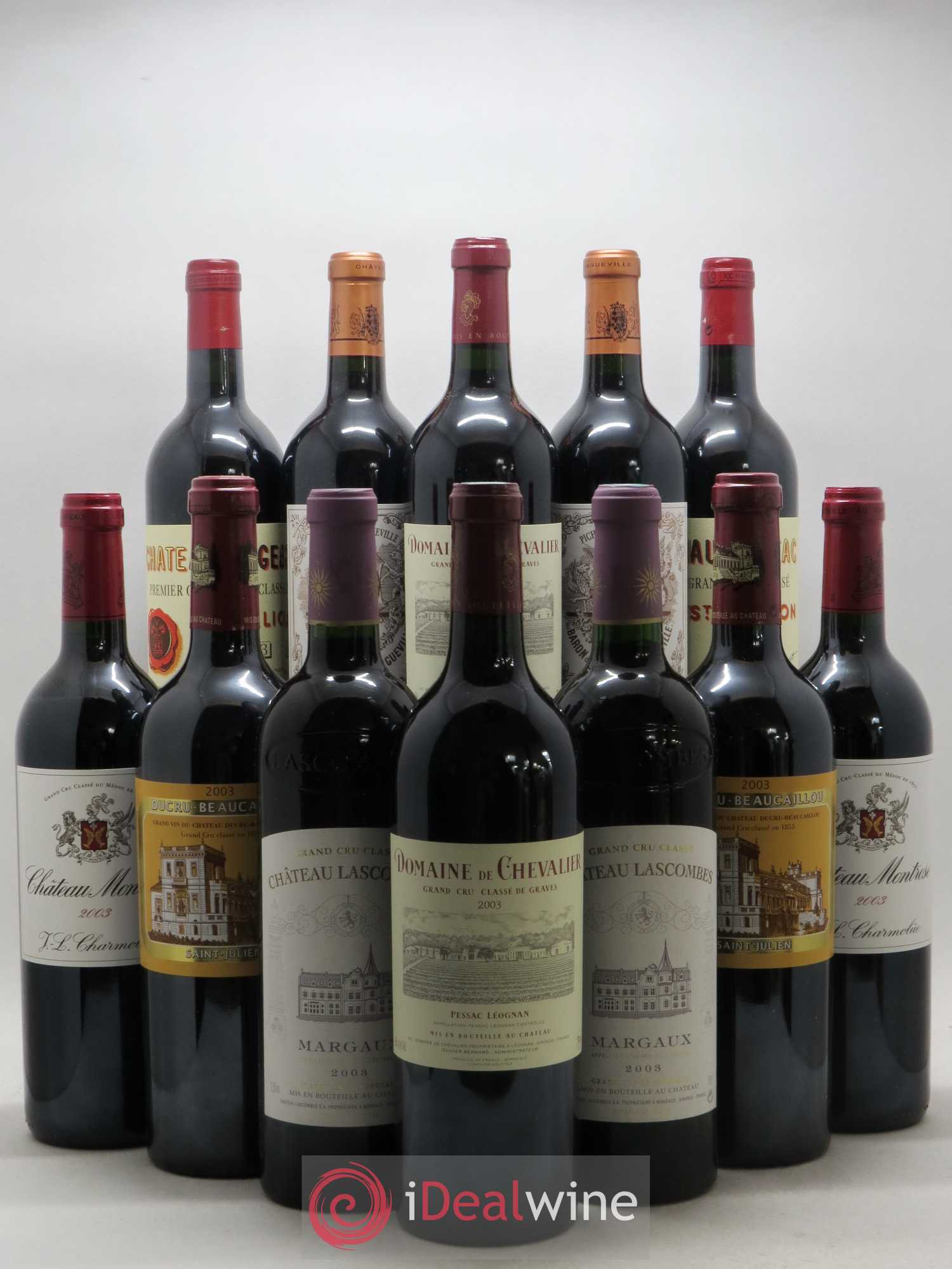 Caisse Millésima Rive Droite Rive Gauche 2 Domaine de Chevalier - 2 Chateau Lascombes - 2 Ducru Beaucaillou - 2 Chateau Montrose - 2 Chateau Figeac - 2 Pichon Longueville Baron 2003 - Lot de 12 bouteilles - 0
