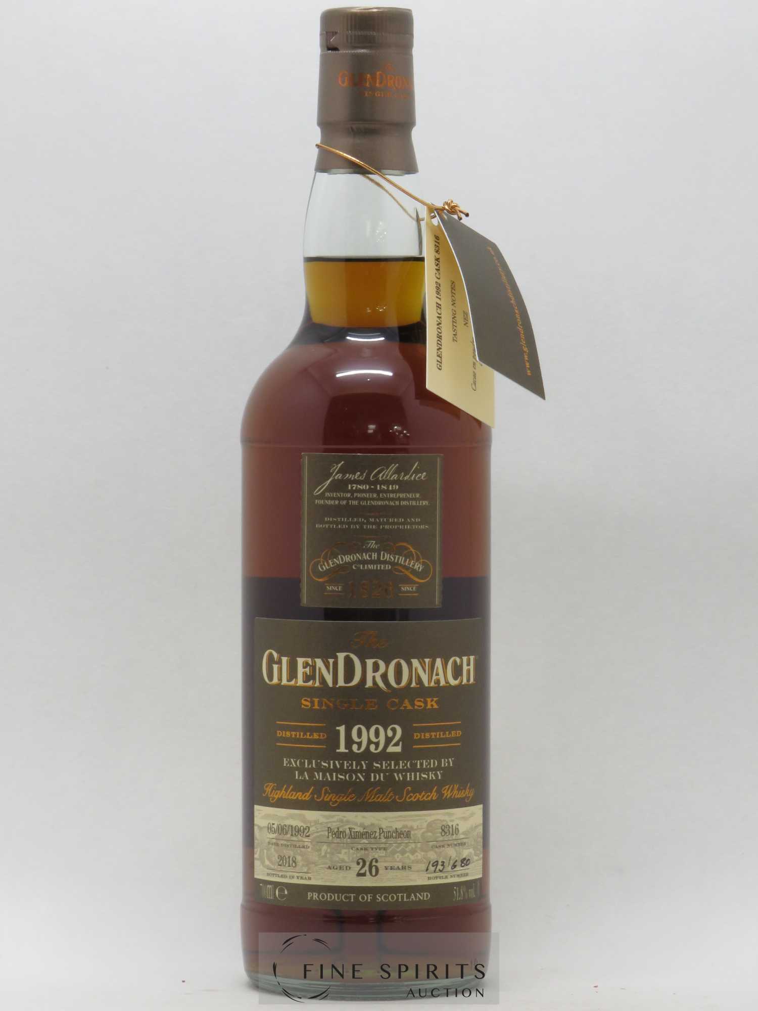 Glendronach 26 years 1992 Of. Cask n°8316 - One of 680 - bottled 2018 - Lot de 1 bouteille - 1