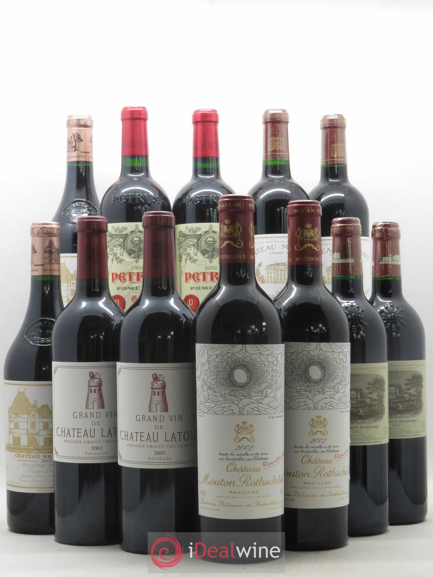 Caisse Primeurs 2 Margaux, 2 Petrus, 2 Haut Brion,2 Latour, 2 Lafite Rothschild, 2 Mouton Rothschild 2002 - Posten von 12 Flaschen - 0