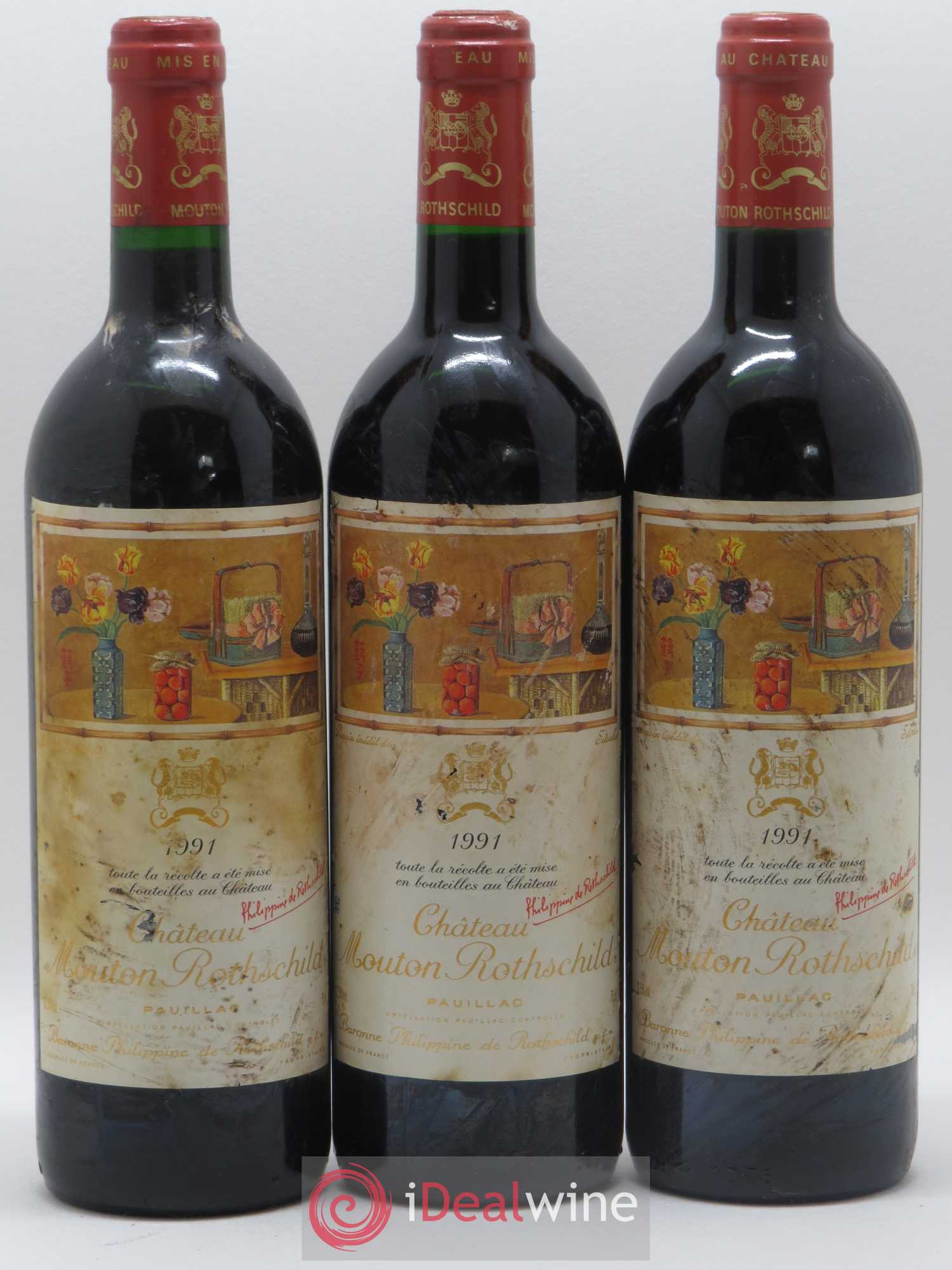 Château Mouton Rothschild 1er Grand Cru Classé 1991 - Lot de 3 bouteilles - 0