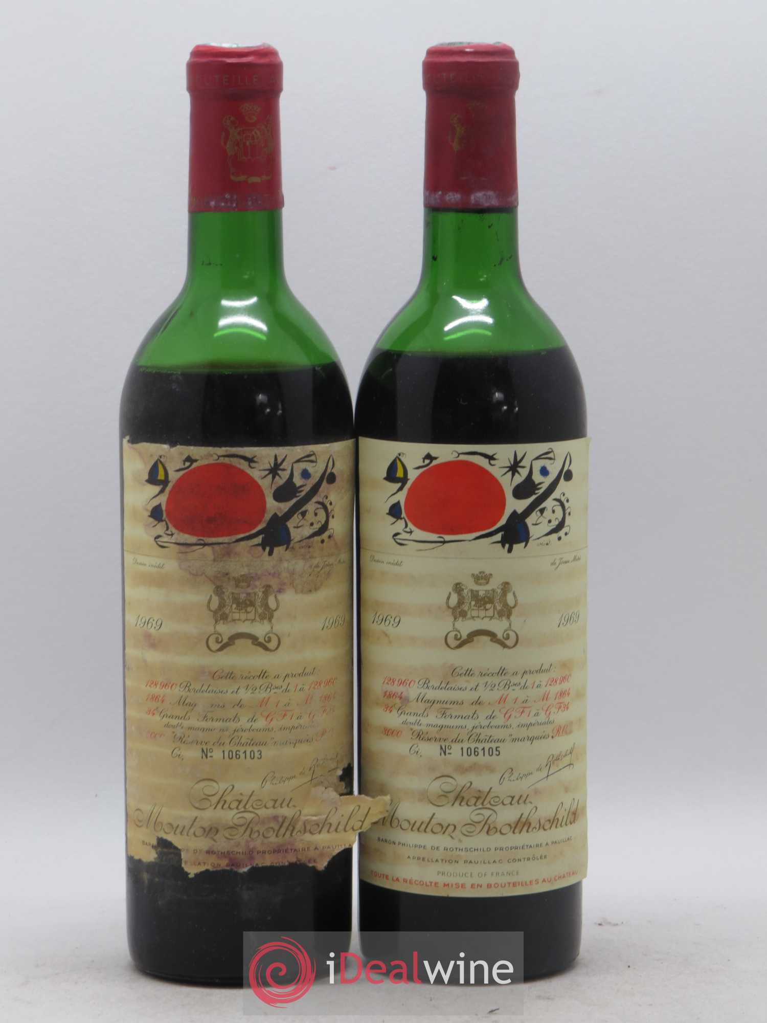 Château Mouton Rothschild 1er Grand Cru Classé 1969 - Lot de 2 bouteilles - 0