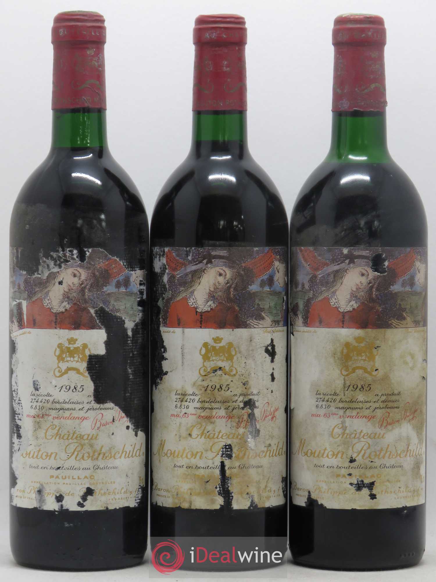 Château Mouton Rothschild 1er Grand Cru Classé 1985 - Lot de 3 bouteilles - 0