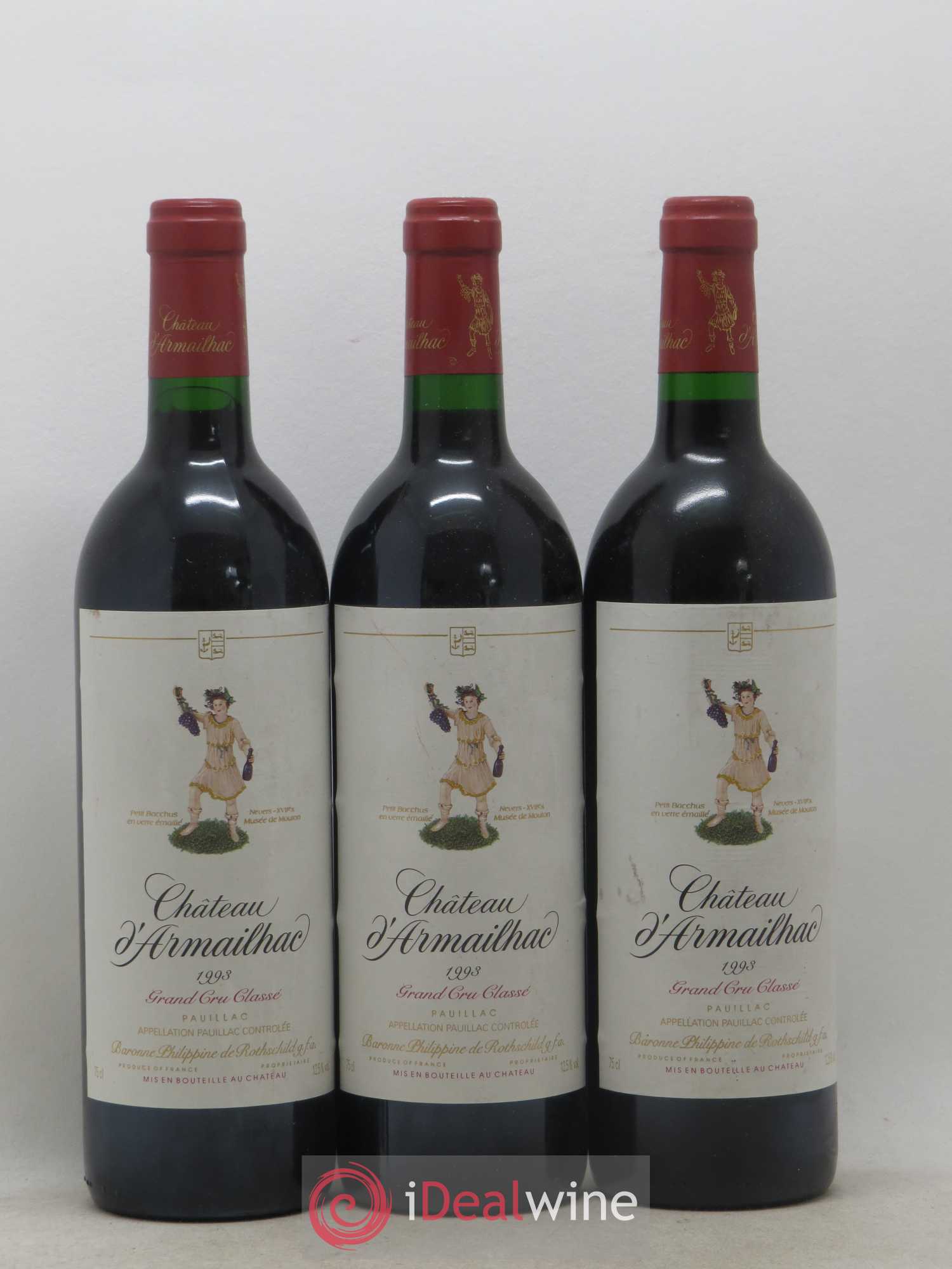 Château d' Armailhac - Mouton Baron(ne) Philippe 5ème Grand Cru Classé 1993 - Lot de 3 bouteilles - 0