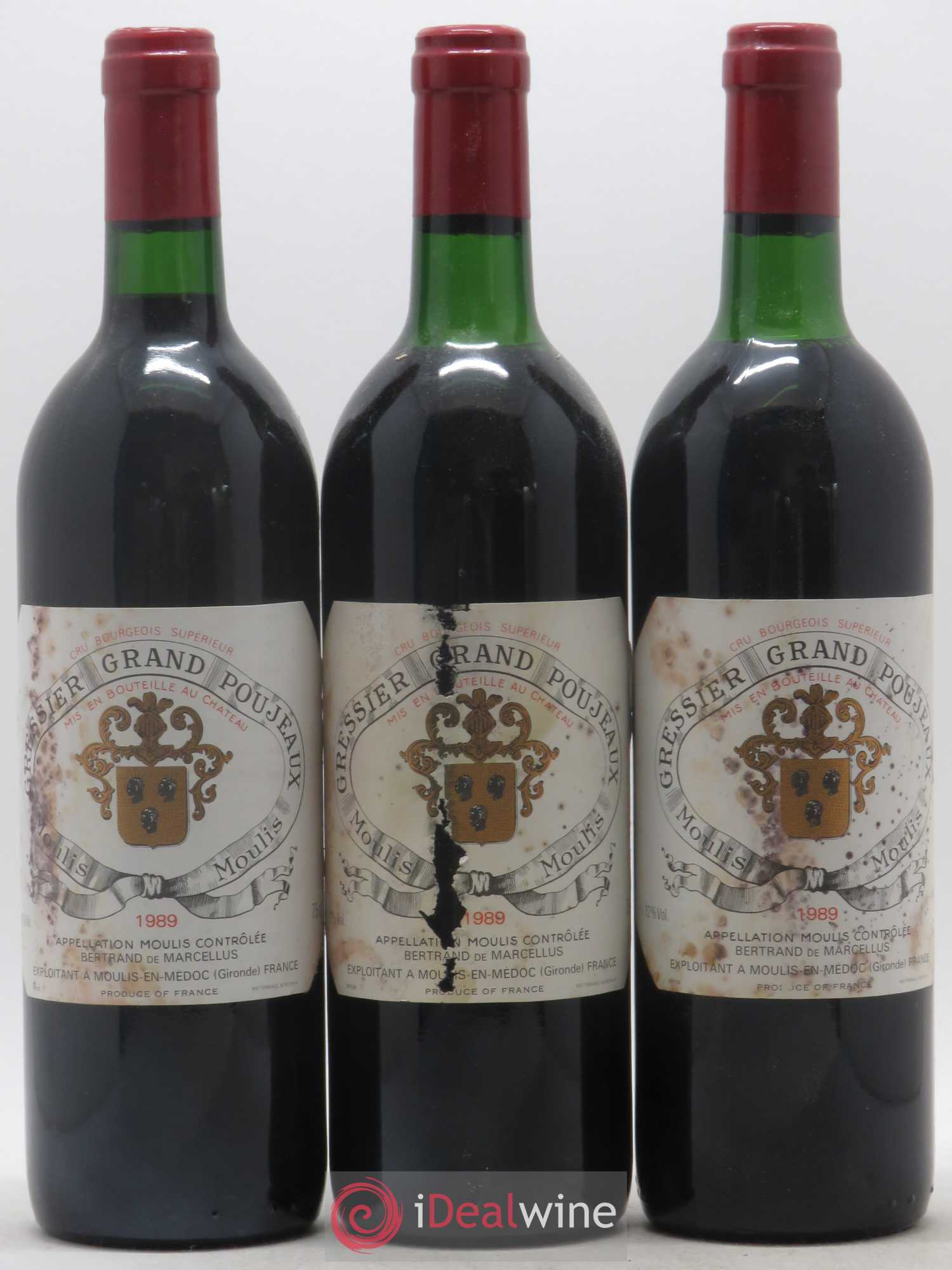 Château Gressier Grand Poujeaux Cru Bourgeois 1989 - Lot de 3 bouteilles - 0