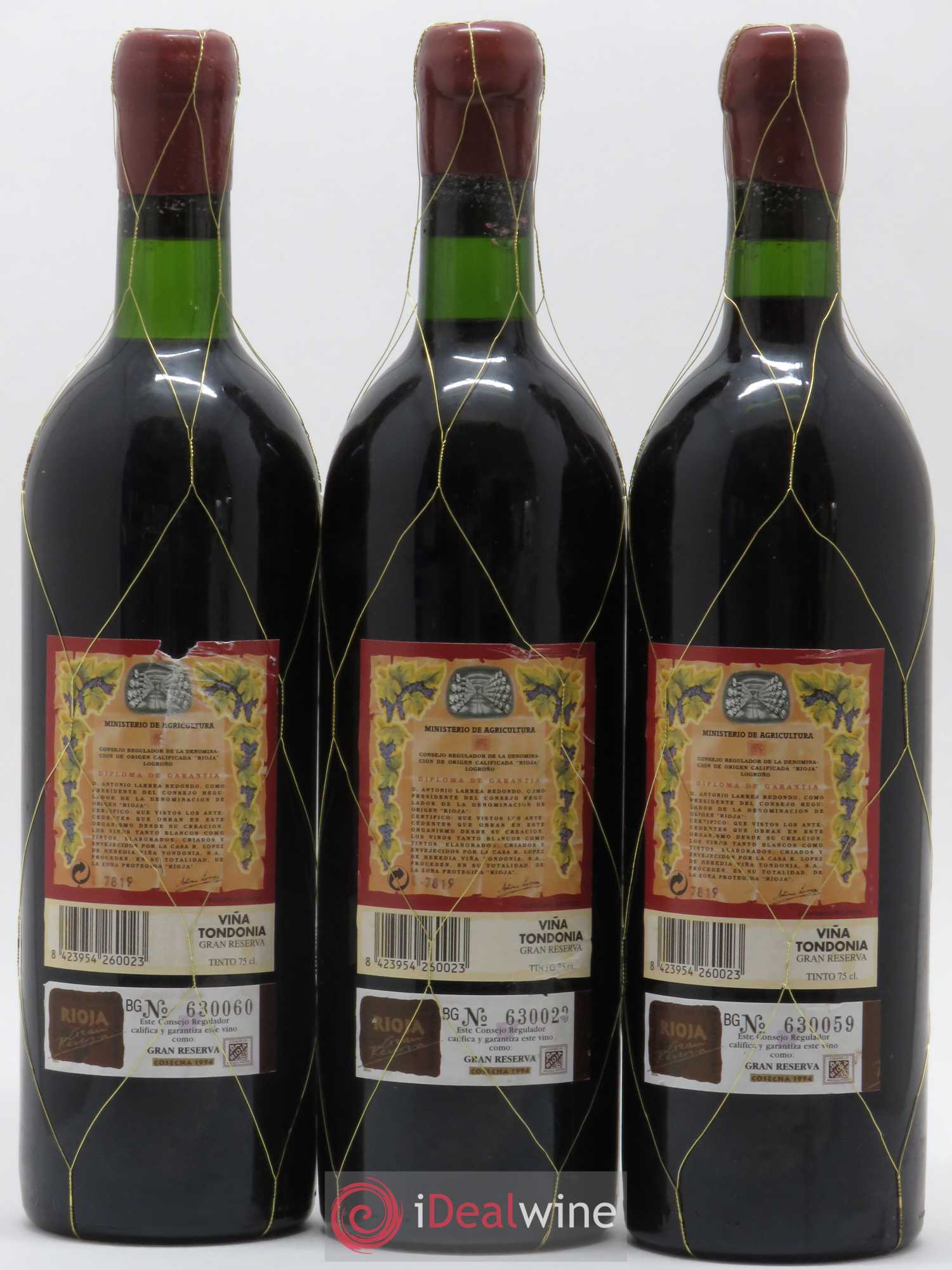Rioja Gran Reserva Vina Tondonia R. Lopez de Heredia 1994 - Lot de 3 bouteilles - 1