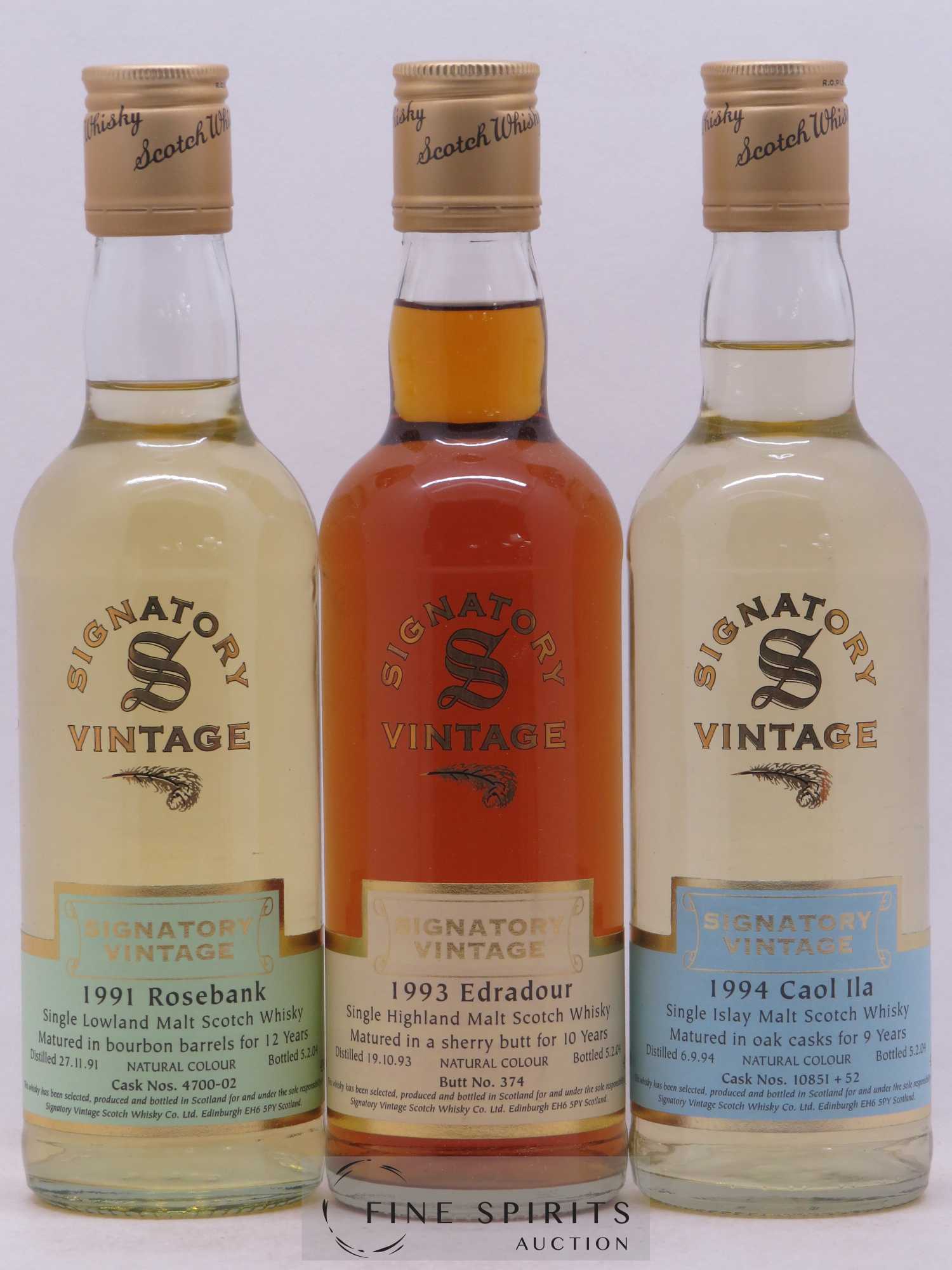 Signatory Vintage Of. Rosebank 1991 - Edradour 1993 - Caol Ila 1994 Coffret 3x35cl. - bottled 2004 - Lot of 3 half-bottles - 1