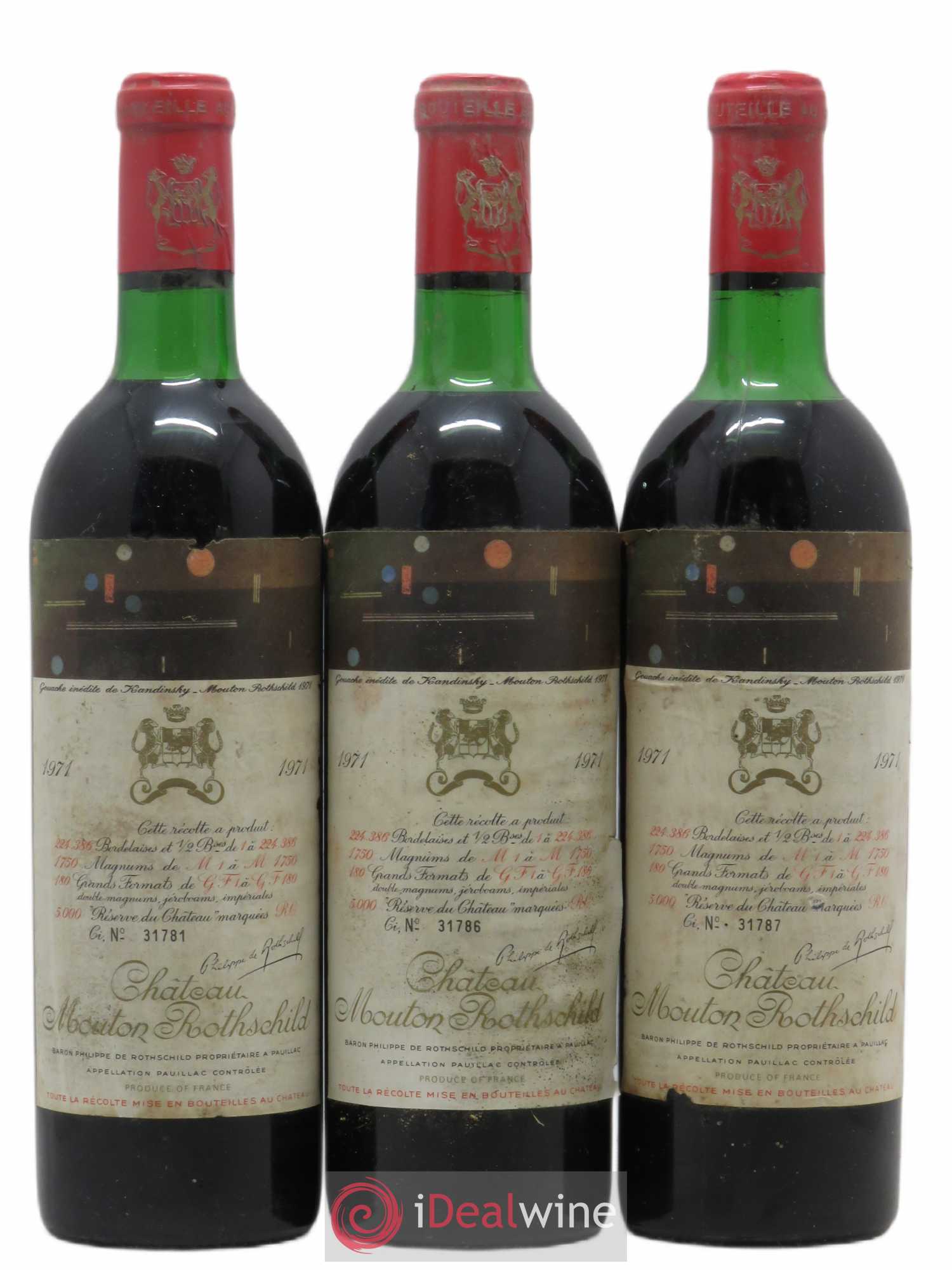 Château Mouton Rothschild 1er Grand Cru Classé 1971 - Lot de 3 bouteilles - 0