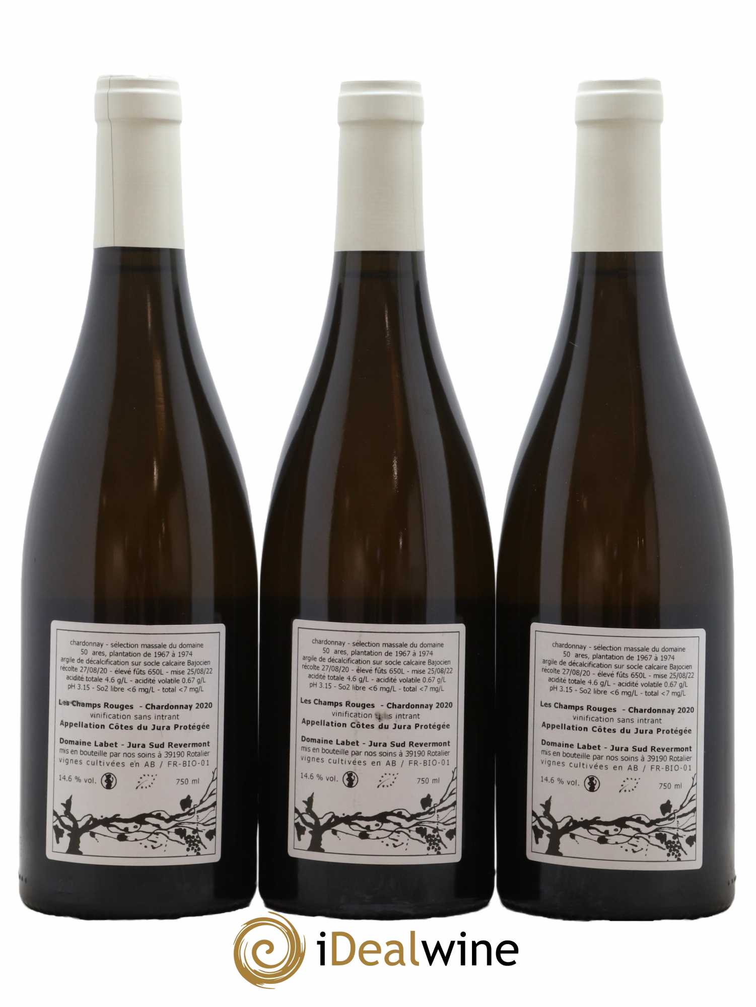 Côtes du Jura Chardonnay Les Champs Rouges Romain - Julien - Charline Labet 2020 - Lot de 3 bouteilles - 1