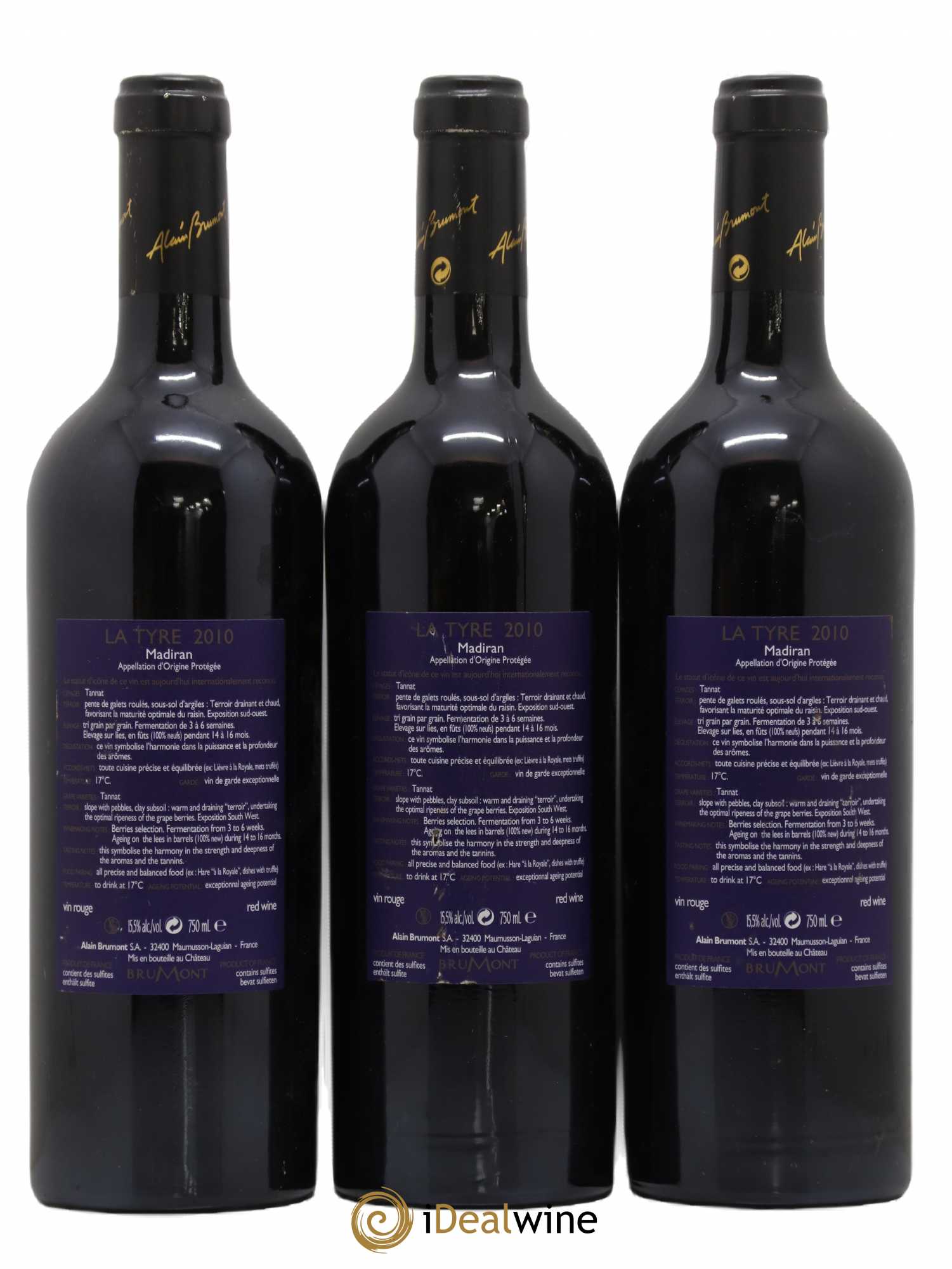 Madiran Château Montus-La Tyre Alain Brumont 2010 - Lot de 3 bouteilles - 1