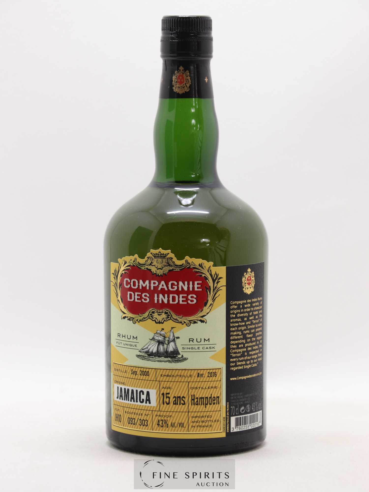 Hampden 15 years 2000 Compagnie des Indes Single Cask n°JH10 - One of 303 - bottled 2016 - Lot de 1 bouteille - 1