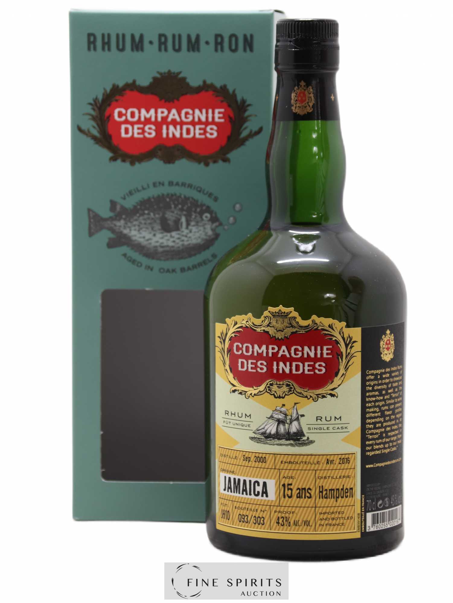 Hampden 15 years 2000 Compagnie des Indes Single Cask n°JH10 - One of 303 - bottled 2016 - Lot de 1 bouteille - 0
