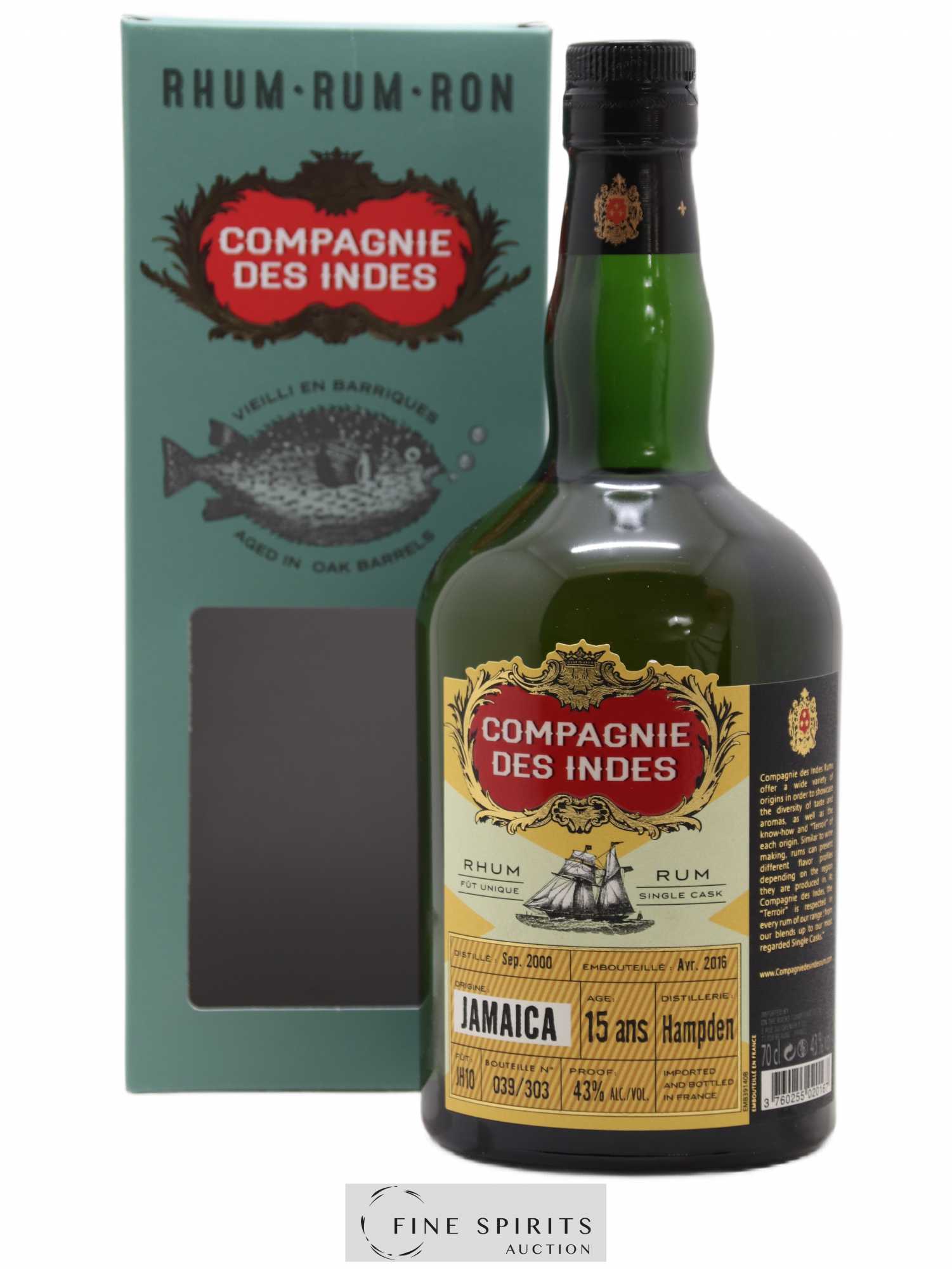 Hampden 15 years 2000 Compagnie des Indes Single Cask n°JH10 - One of 303 - bottled 2016 - Lot de 1 bouteille - 0