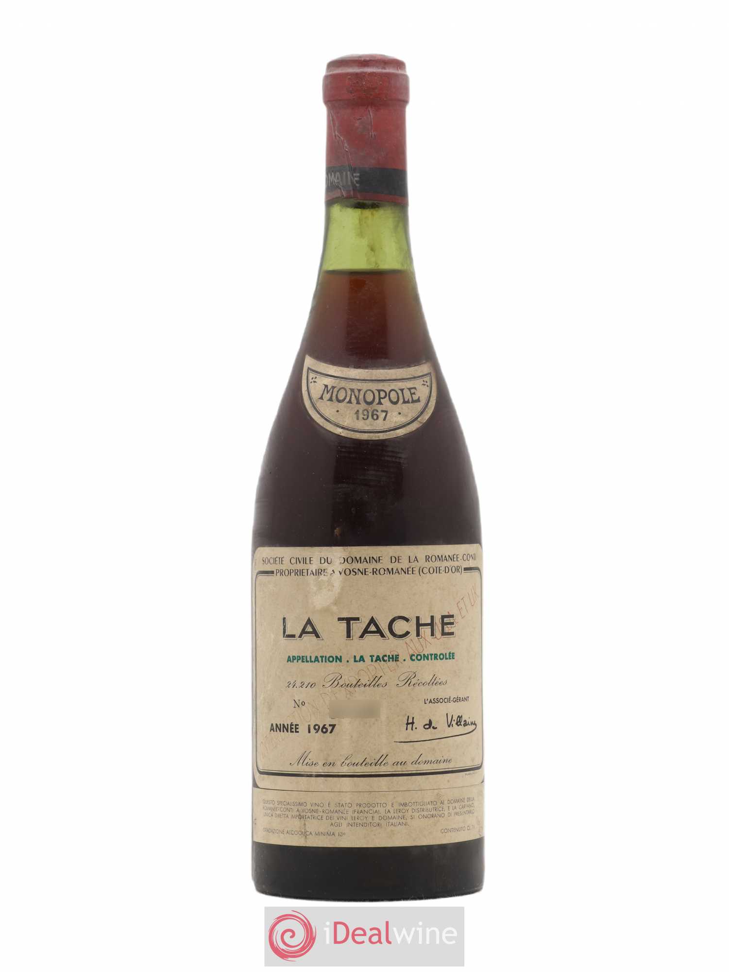 La Tâche Grand Cru Domaine de la Romanée-Conti 1967 - Lot de 1 bouteille - 0